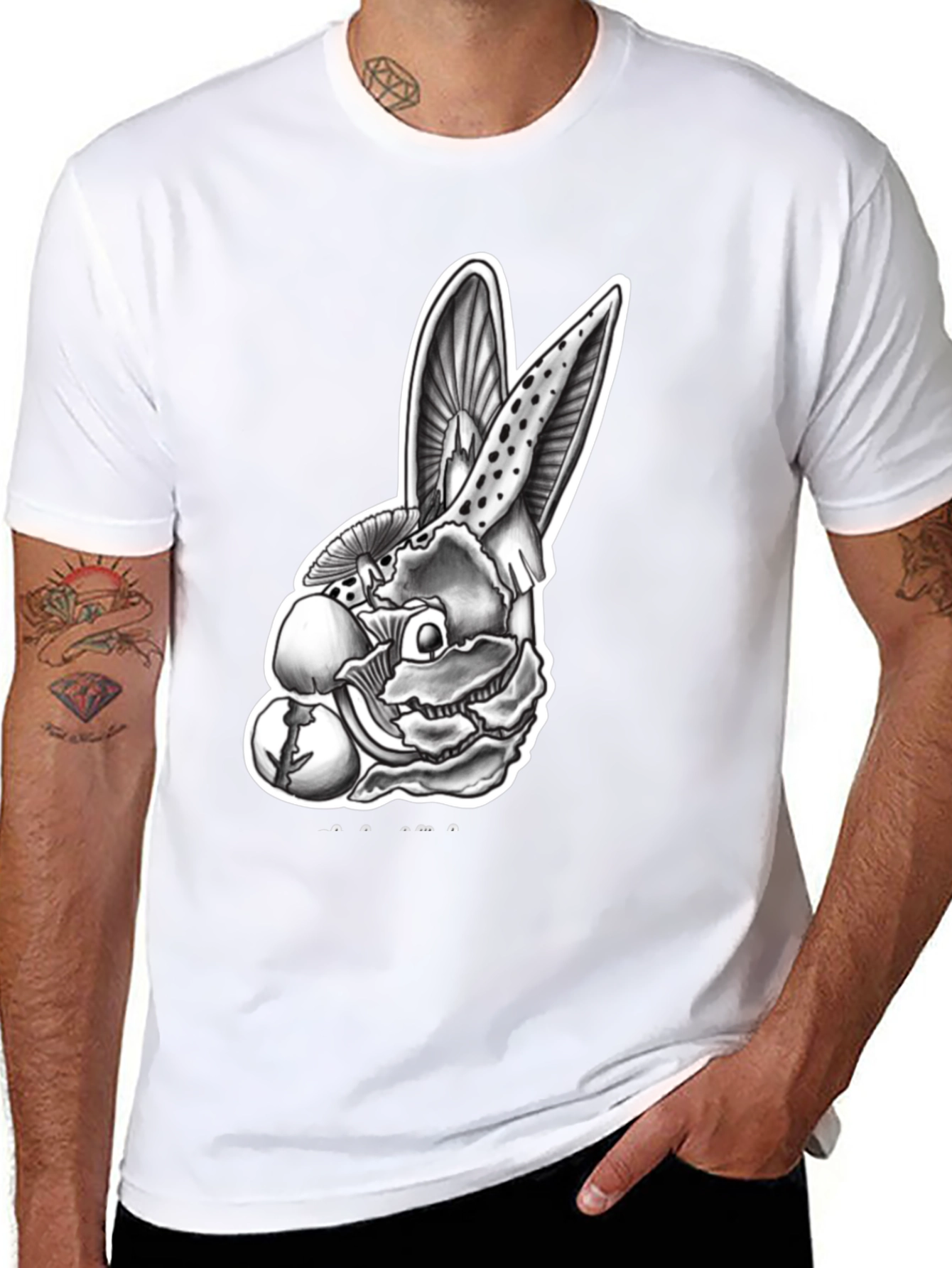Black Mushroom Rabbit Graphic Tee - Unique Design view 8
