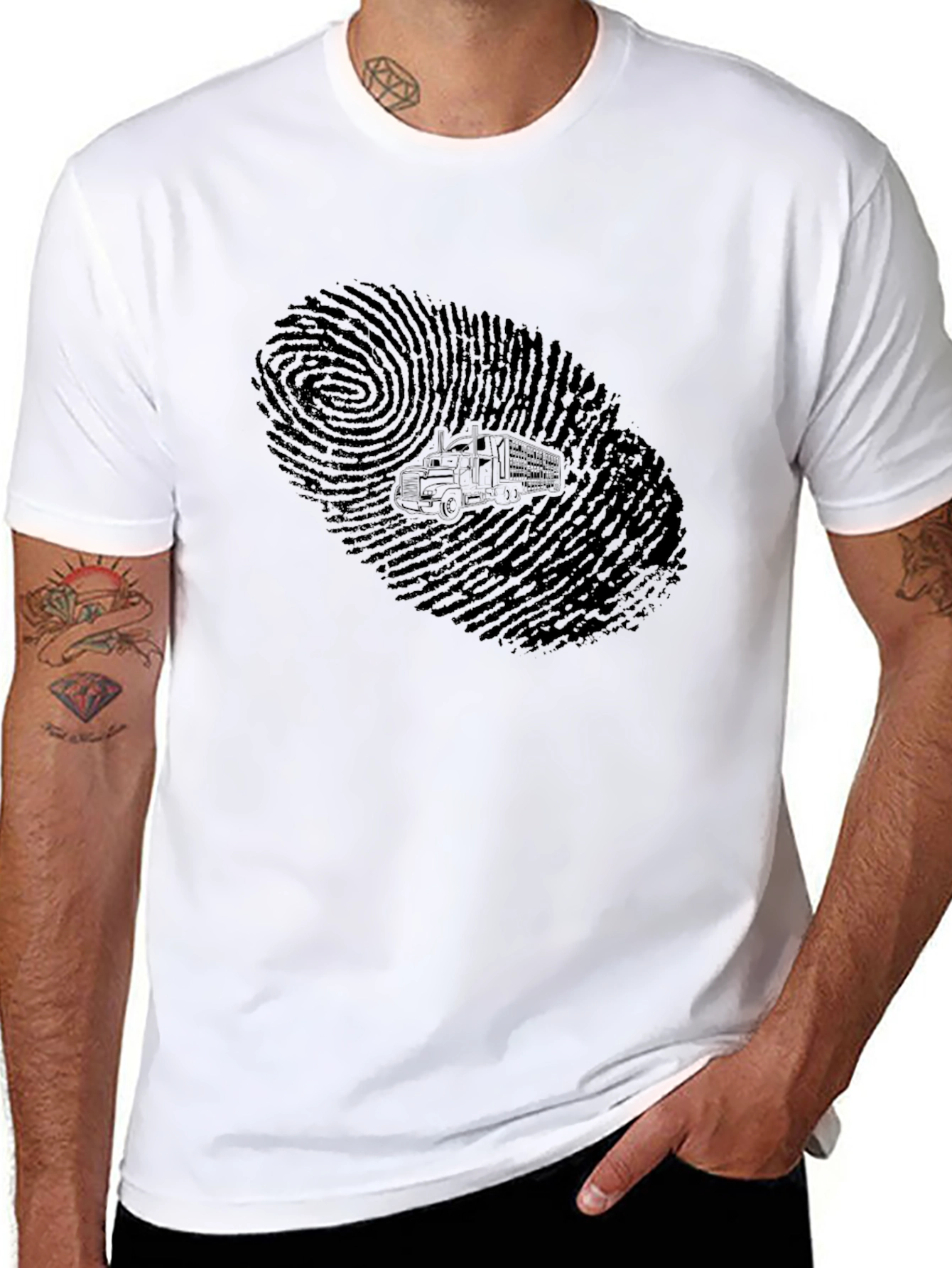 Black Trucker Fingerprint Graphic Tee - Black Cotton T-Shirt view 8