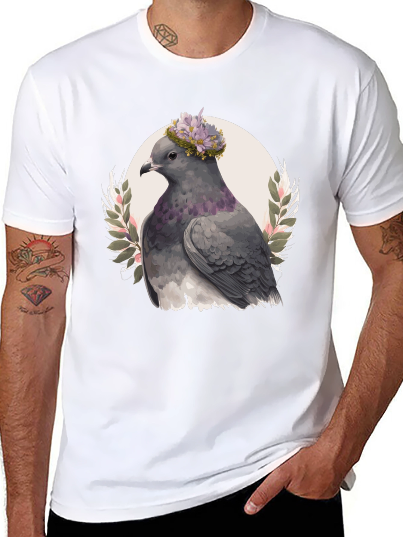 Black Pigeon with Floral Crown Graphic Tee view 8