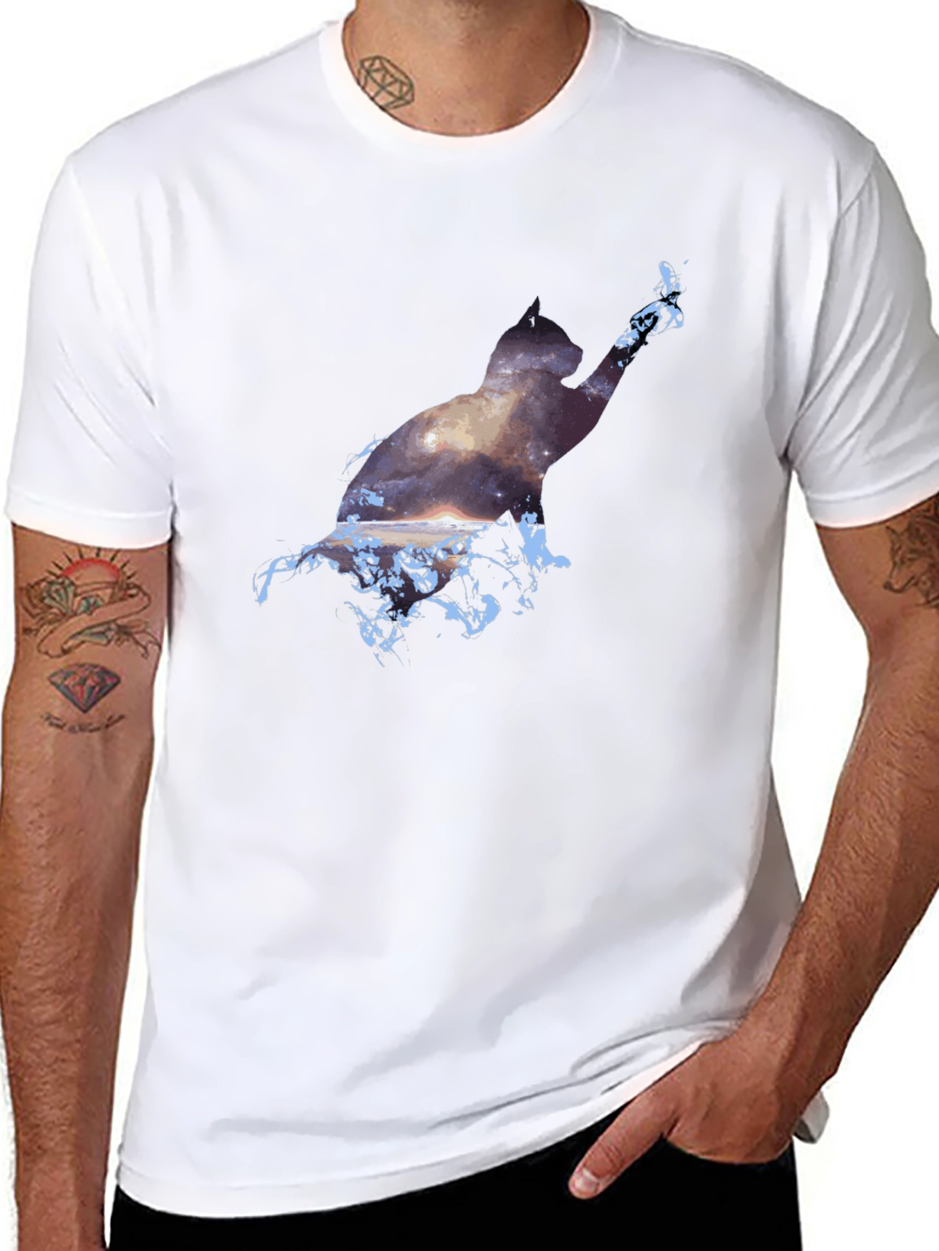 Black Cosmic Cat Black T-Shirt - Galaxy Silhouette view 8