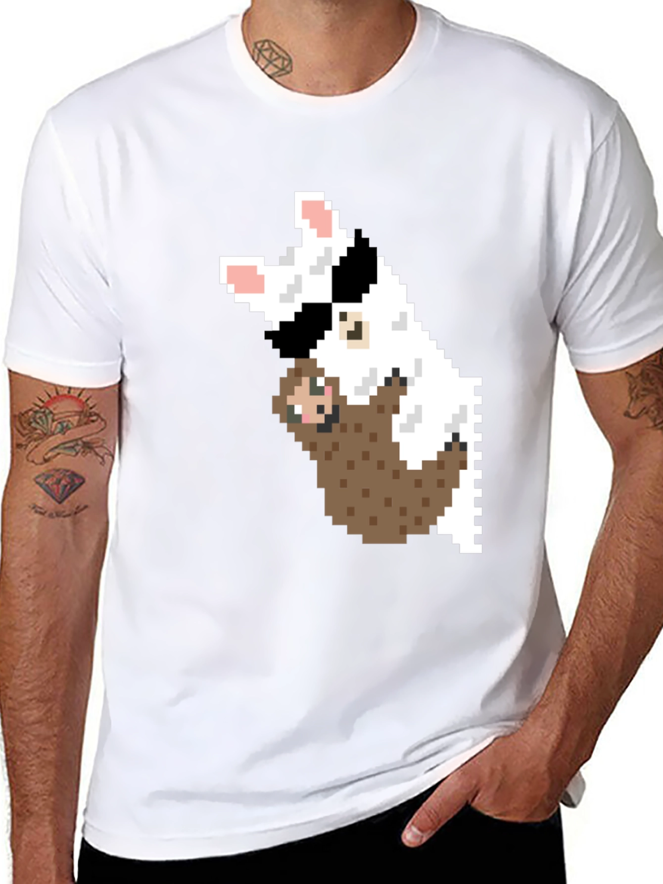 Black Pixel Art Sloth & Dog Graphic T-Shirt view 8