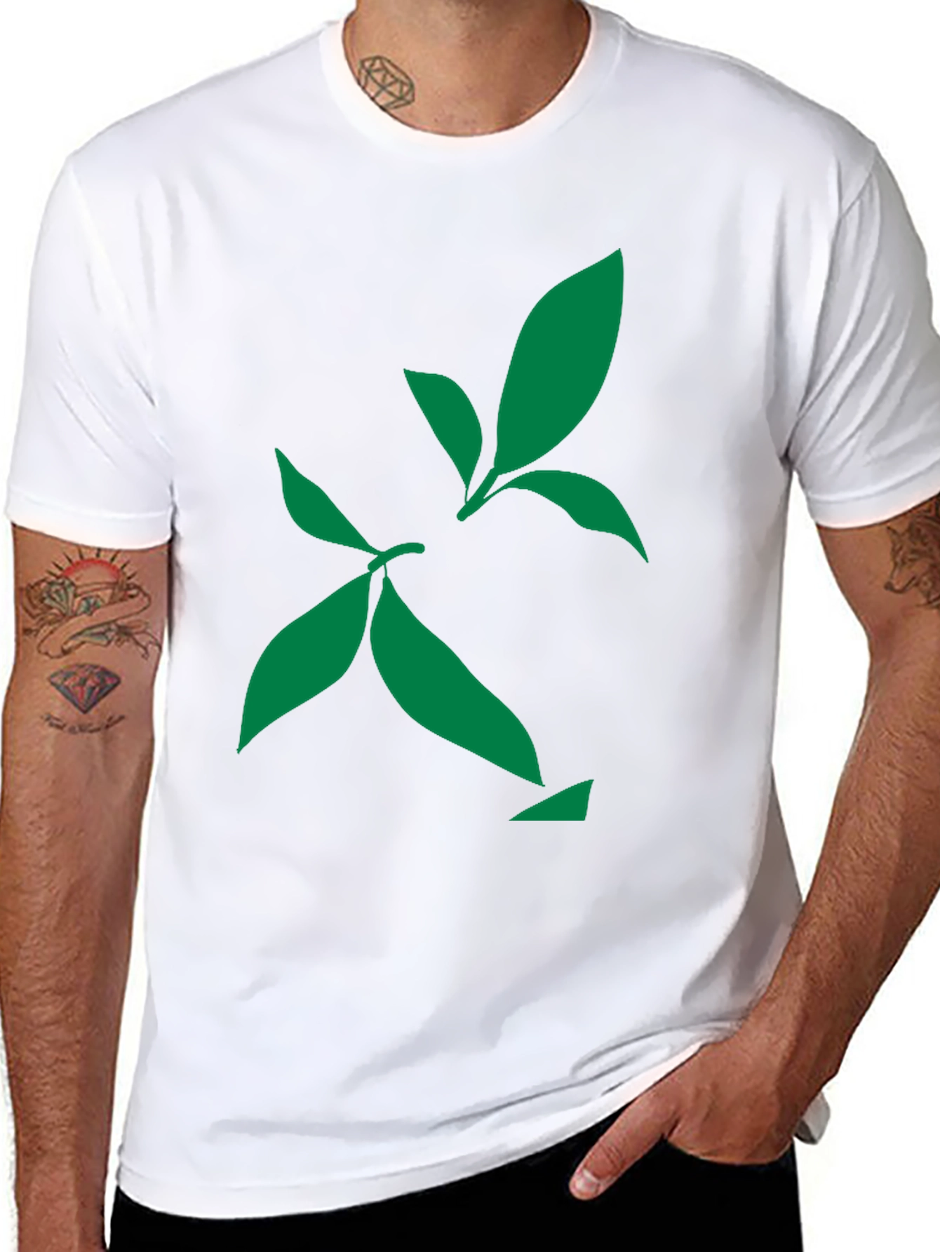 Black Green Leaf Design Black T-Shirt view 8