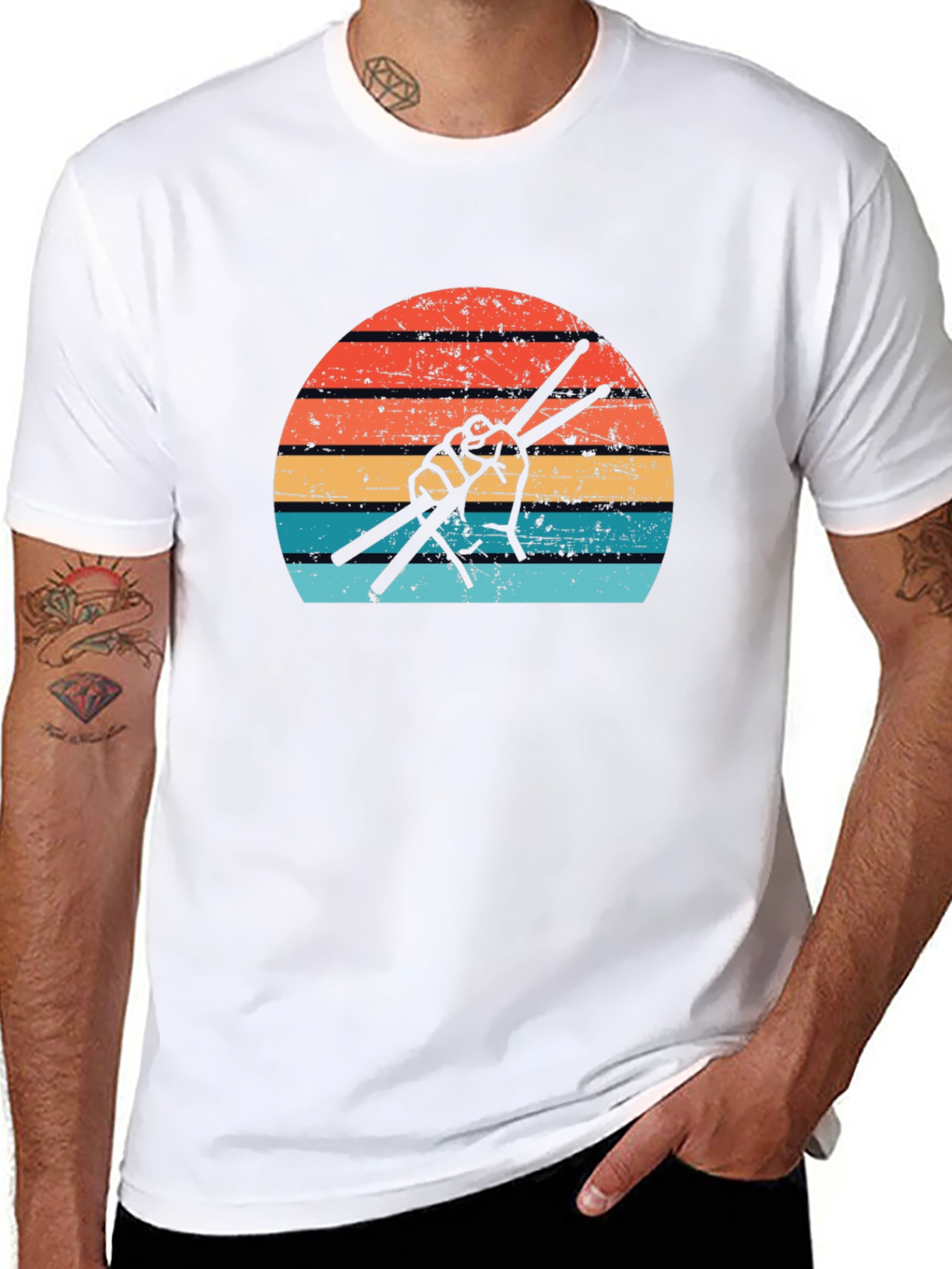 Black Retro Drummer T-Shirt - Vintage Drum Sticks Sunset Design view 8
