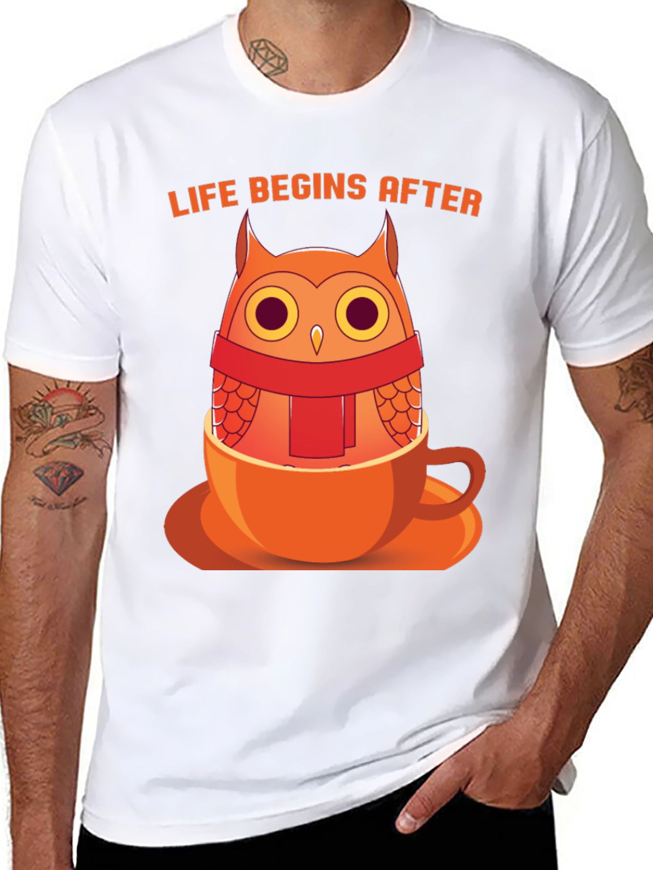 Black Owl in a Cup T-Shirt - "Life Begins After" Design view 8
