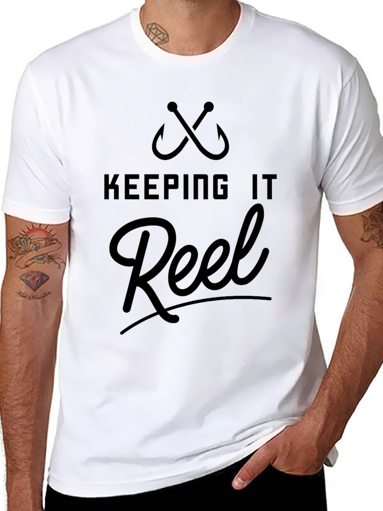 Black Keeping it Reel Black T-Shirt - Fishing Hook Design view 8