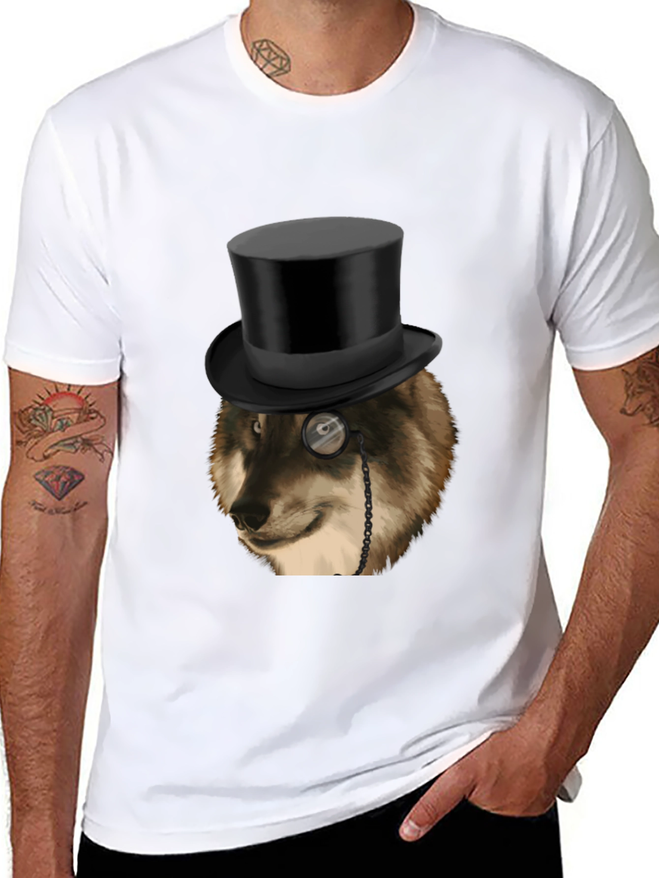 Black Wolf Top Hat Monocle Men's Black Graphic T-Shirt view 8