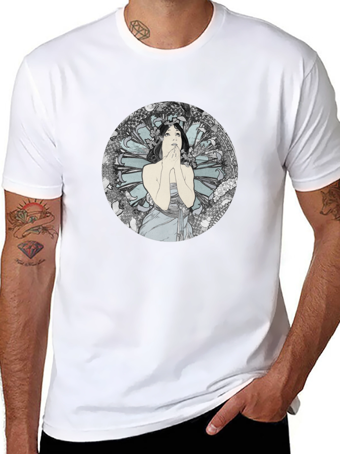 Black Art Nouveau Lady Graphic Black T-Shirt view 8