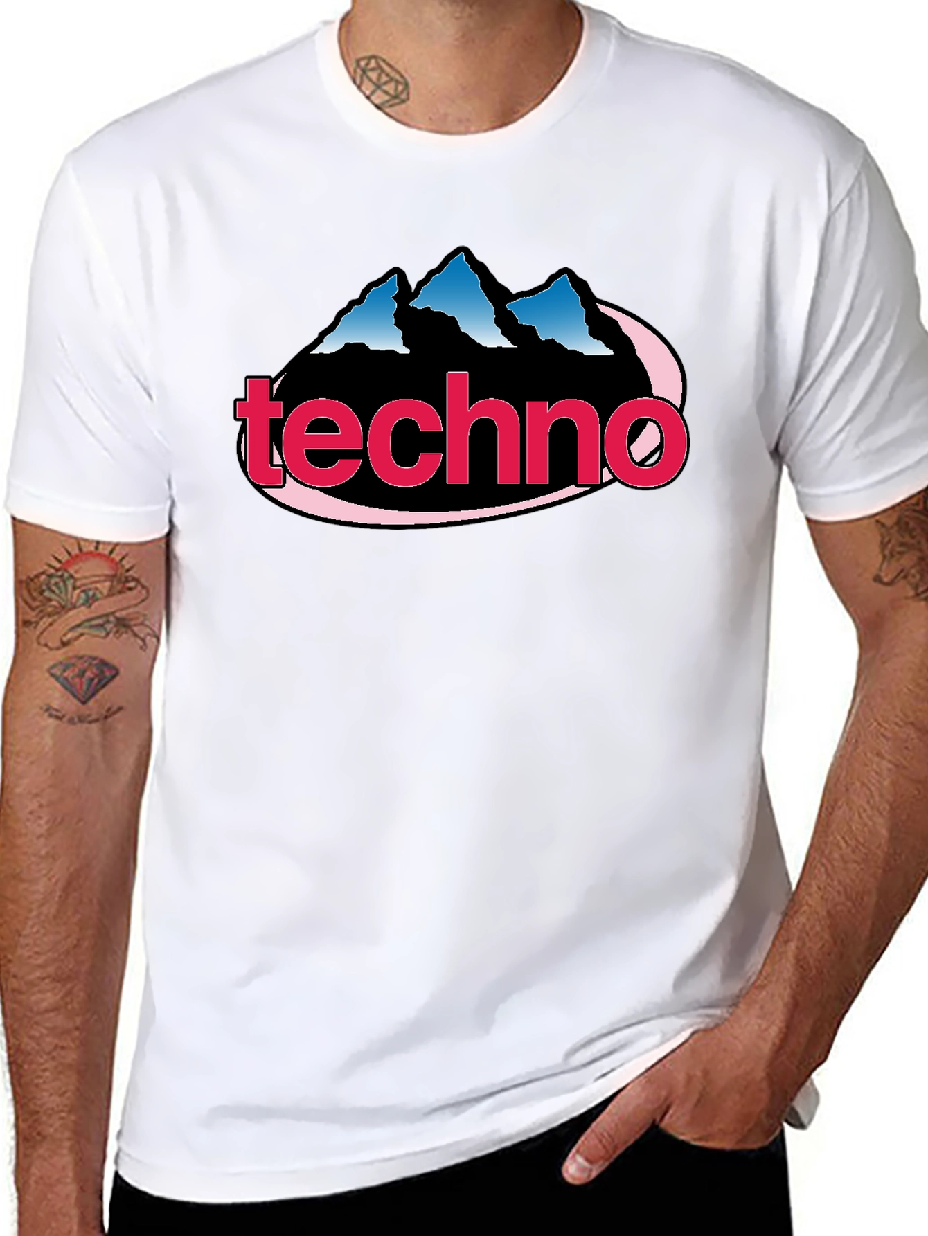 Black Techno Music Graphic Tee - Classic Style, Mountain Logo view 8