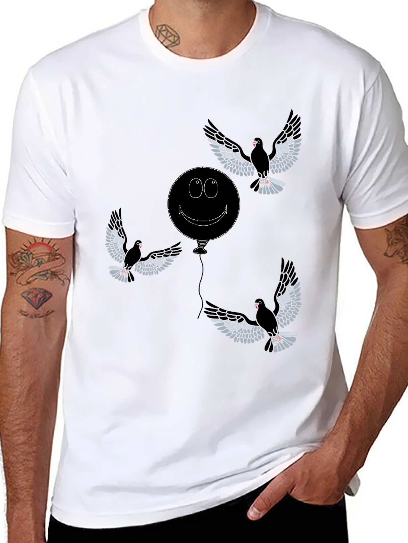 Black Whimsical Bird & Balloon Graphic T-Shirt - Black view 8