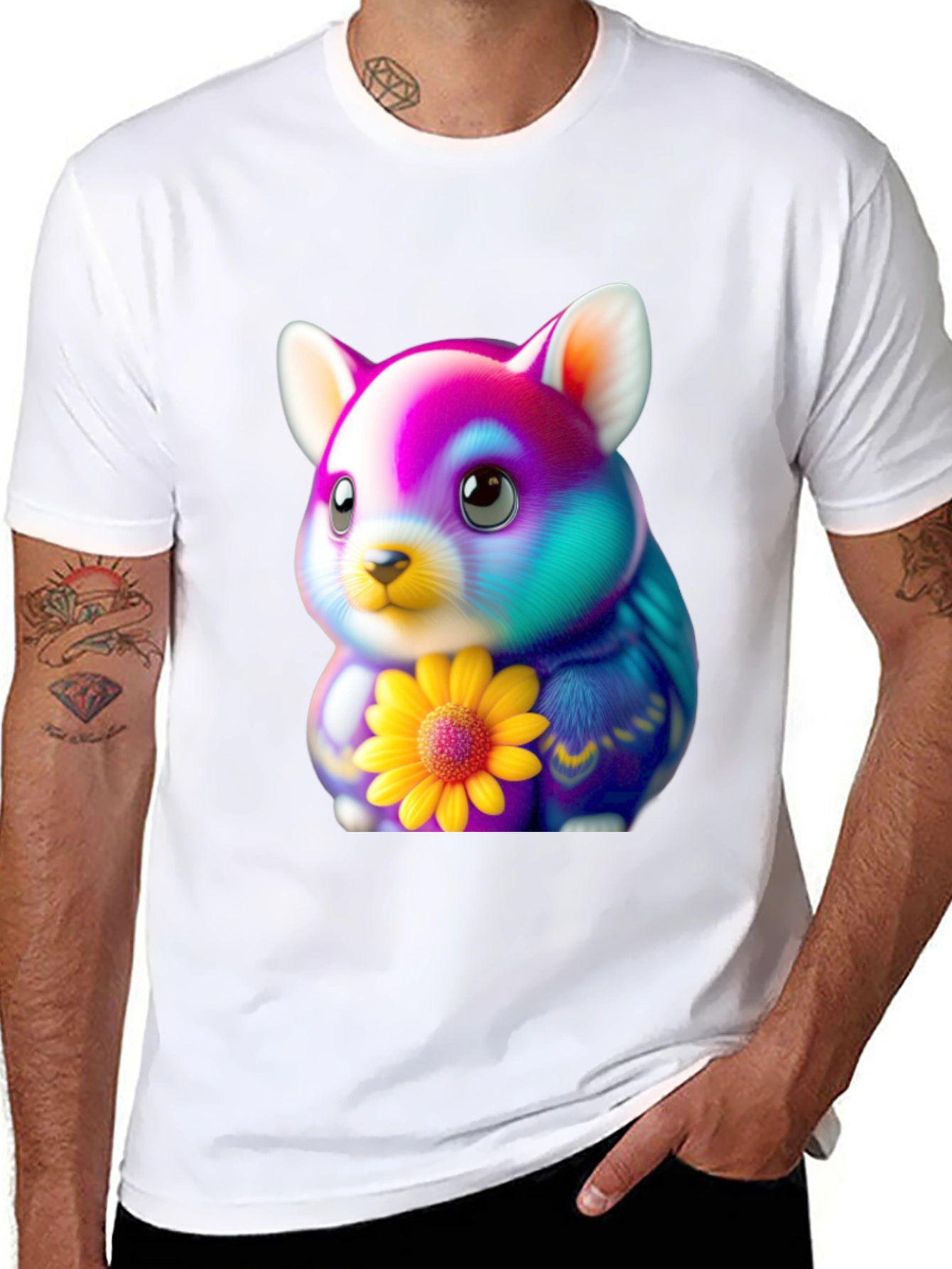 Black Cute Hamster T-Shirt with Sunflower Graphic view 8