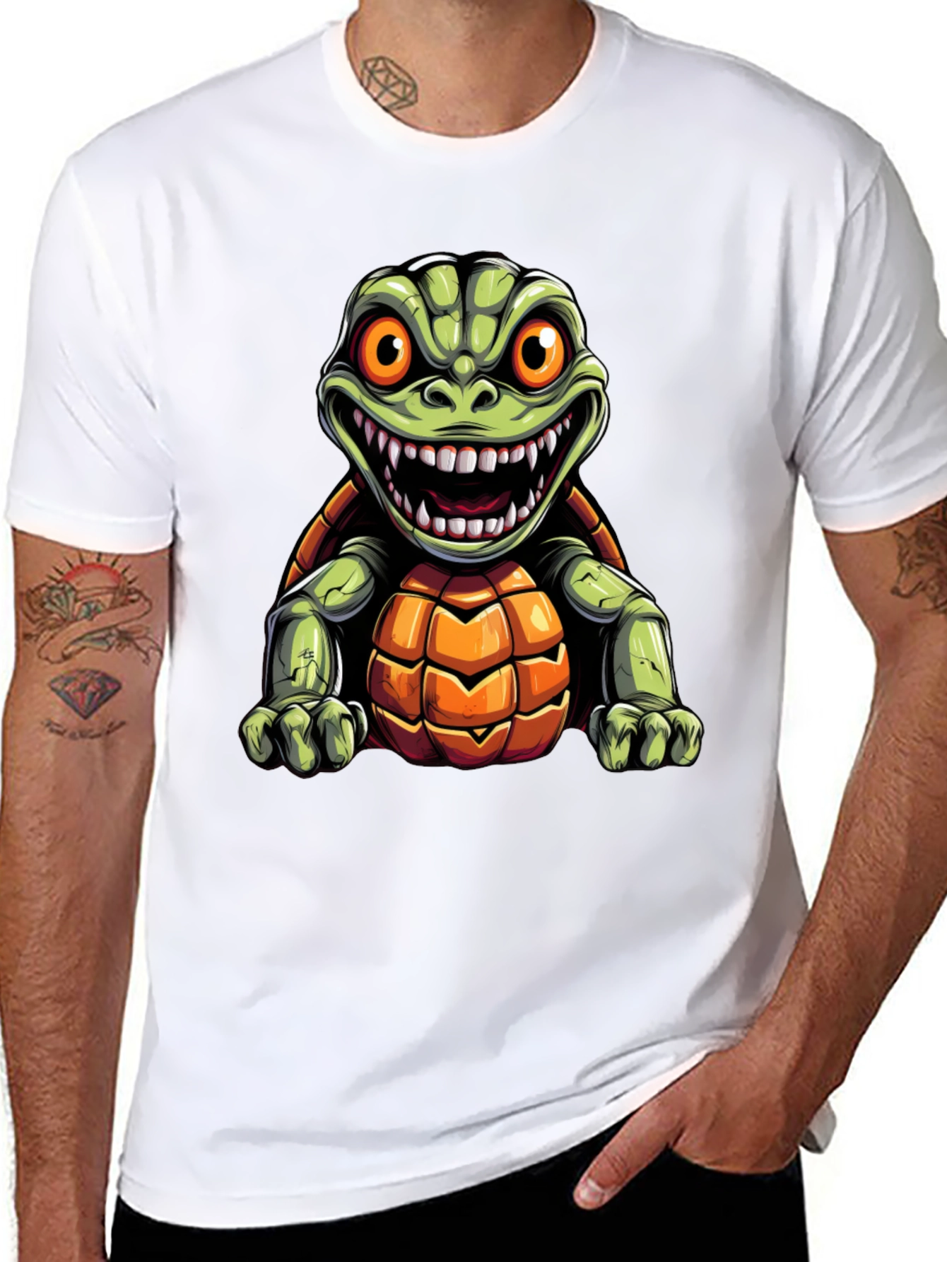 Black Men's Black T-Shirt with Cartoon Turtle Graphic view 8