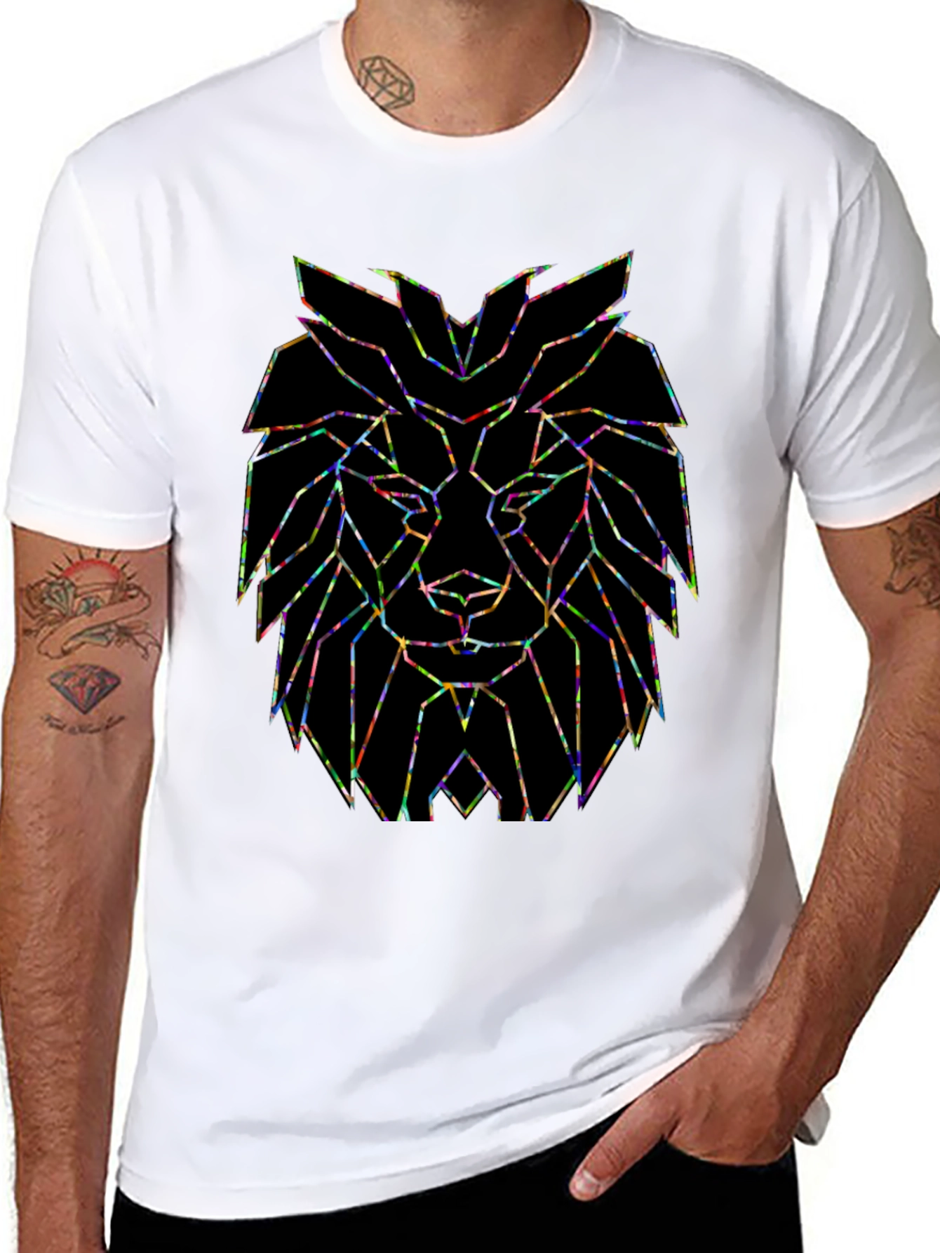 Black Geometric Lion Head Graphic Tee - Modern Art Design view 8