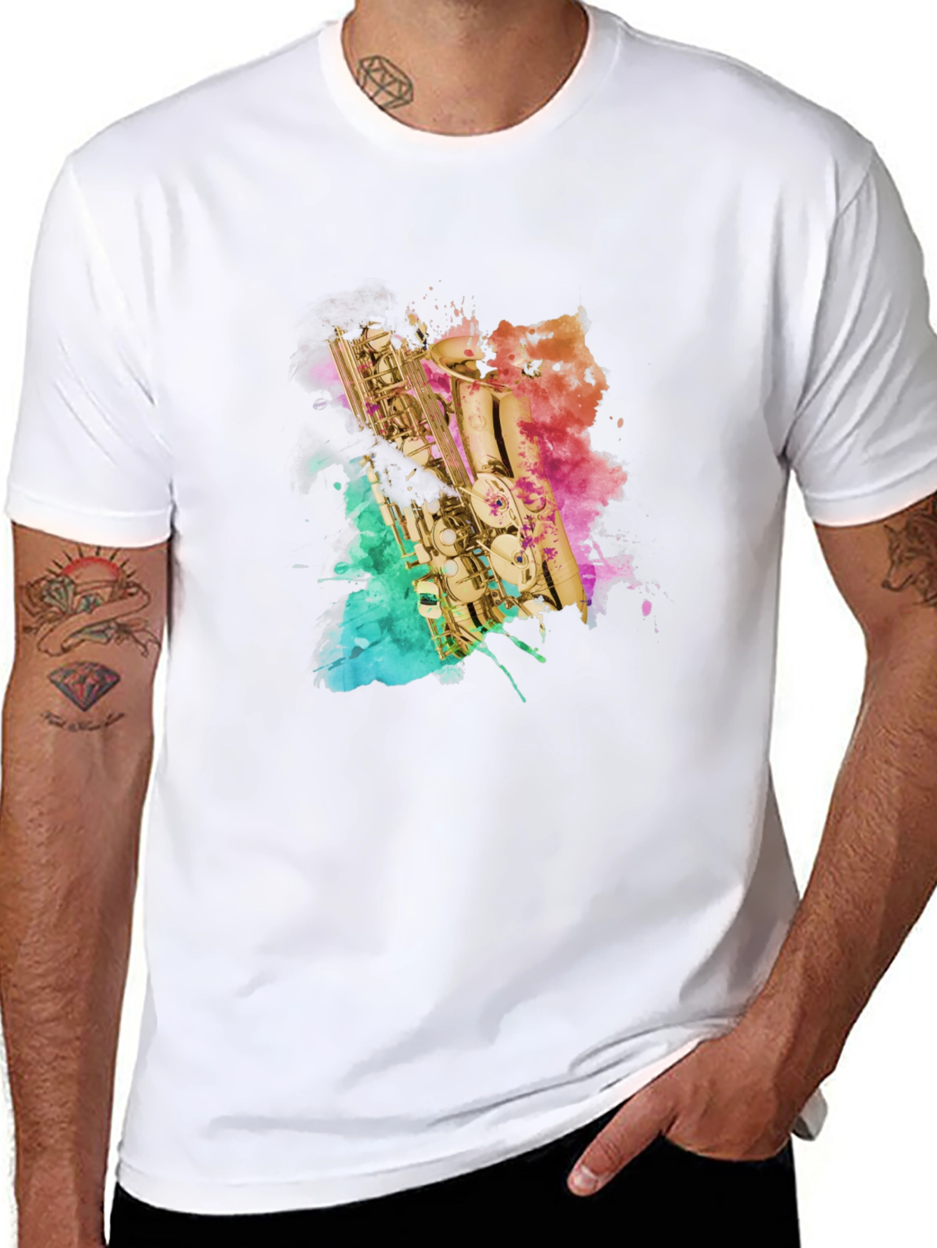 Black Saxophone Watercolor Art Men's Black T-Shirt view 8