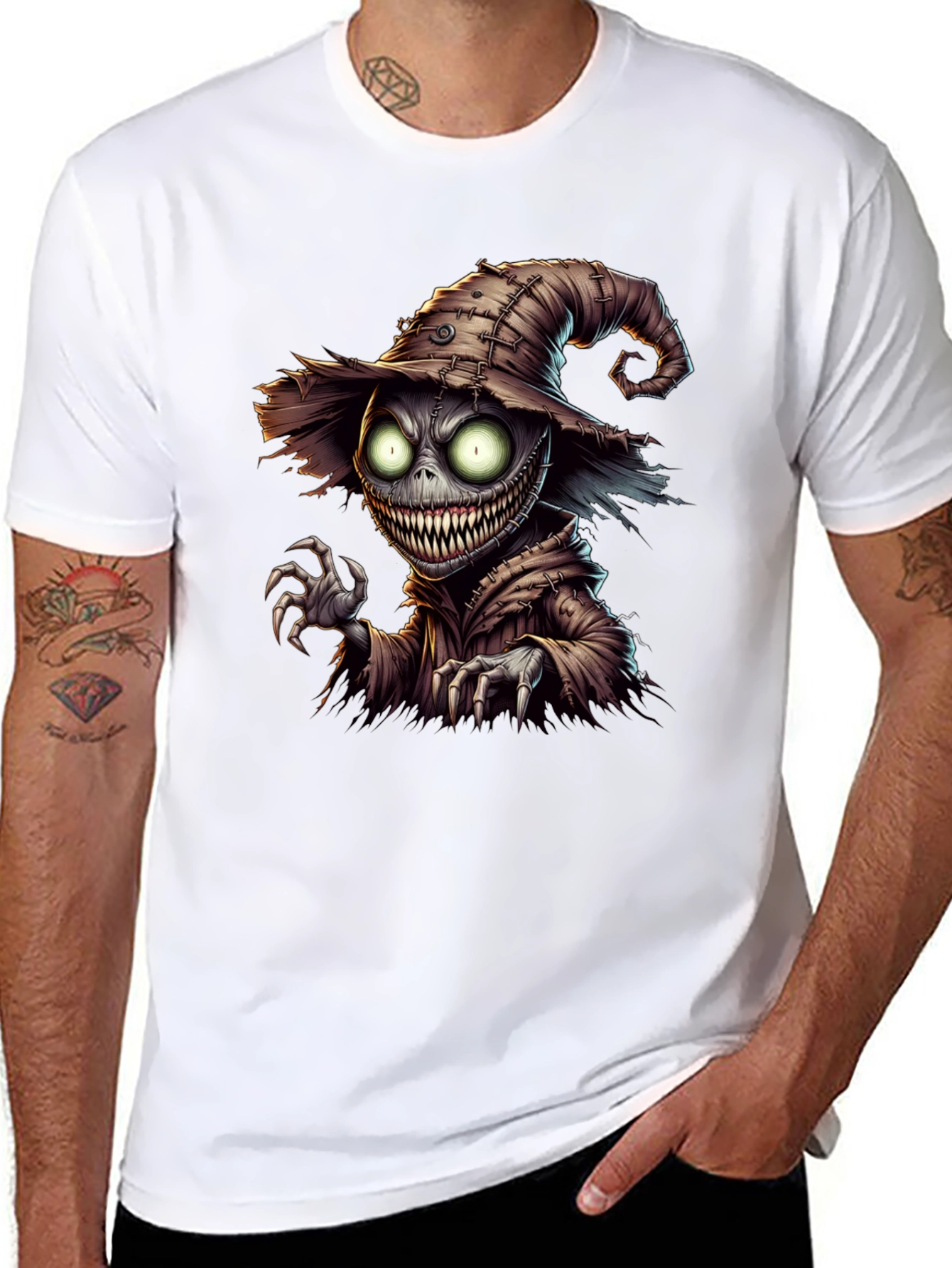 Black Creepy Scarecrow Graphic Tee - Halloween Horror Shirt view 8