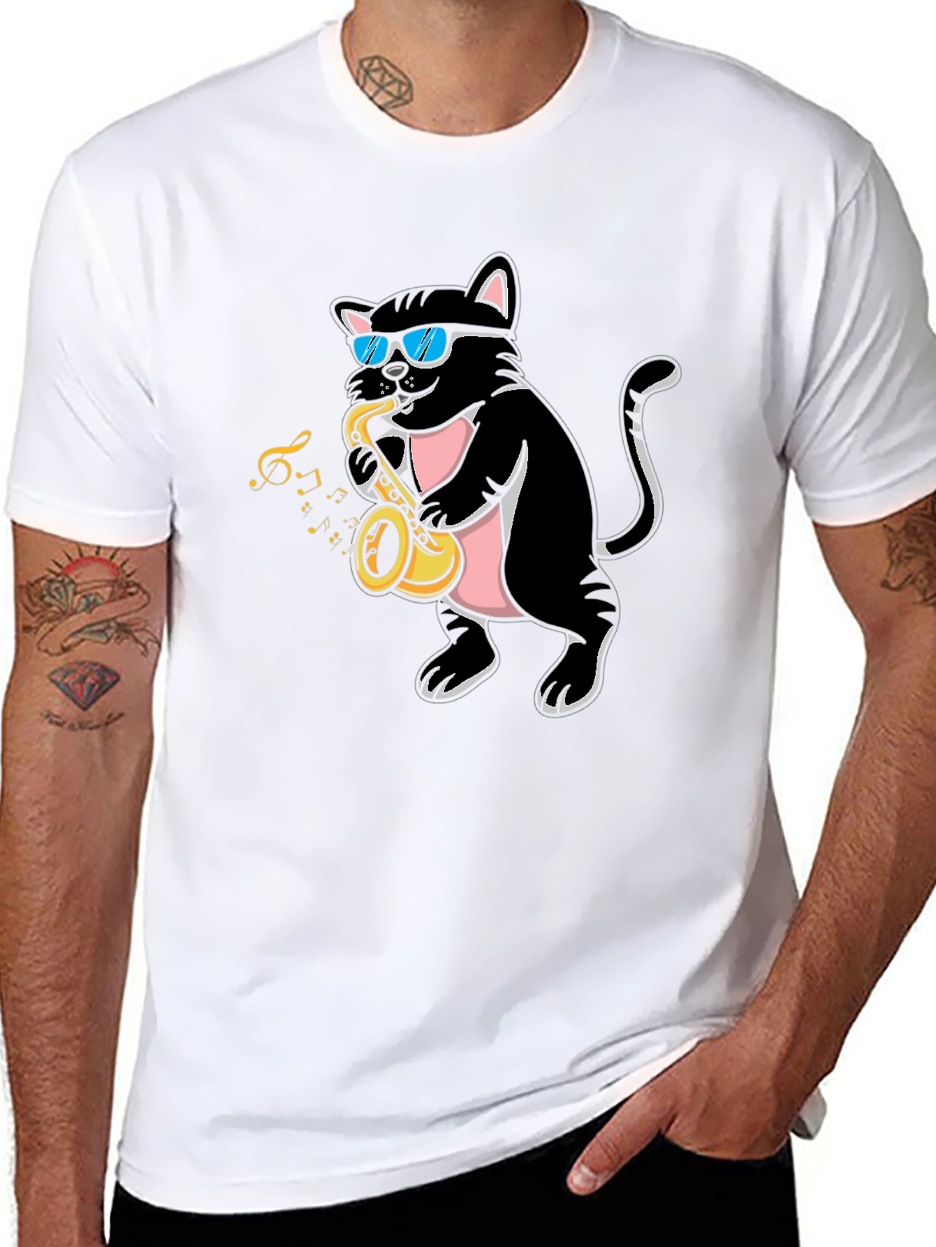 Black Cool Cat Saxophone Player Graphic T-Shirt view 8