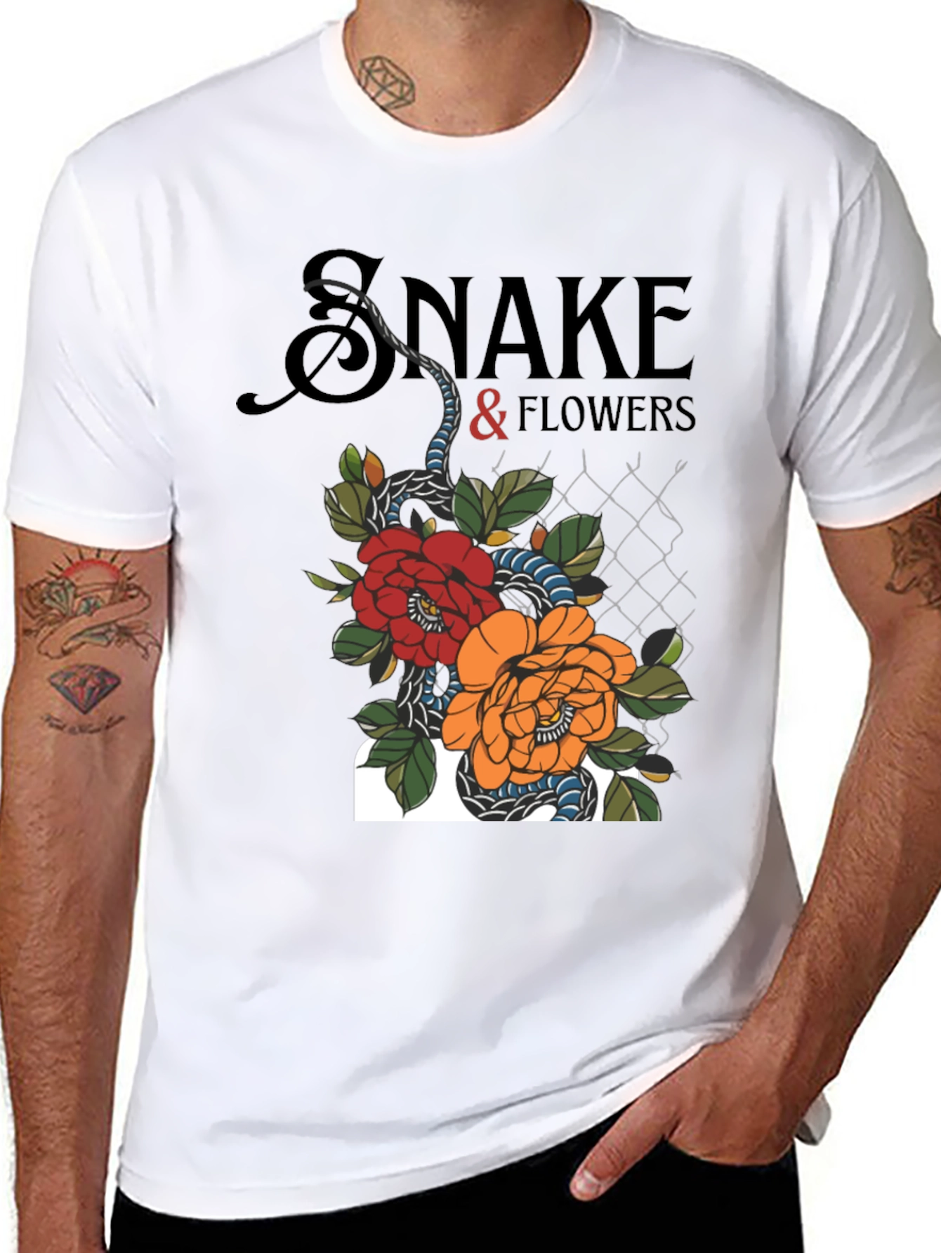 Black Snake & Flowers Graphic Tee - Black Cotton T-Shirt view 8