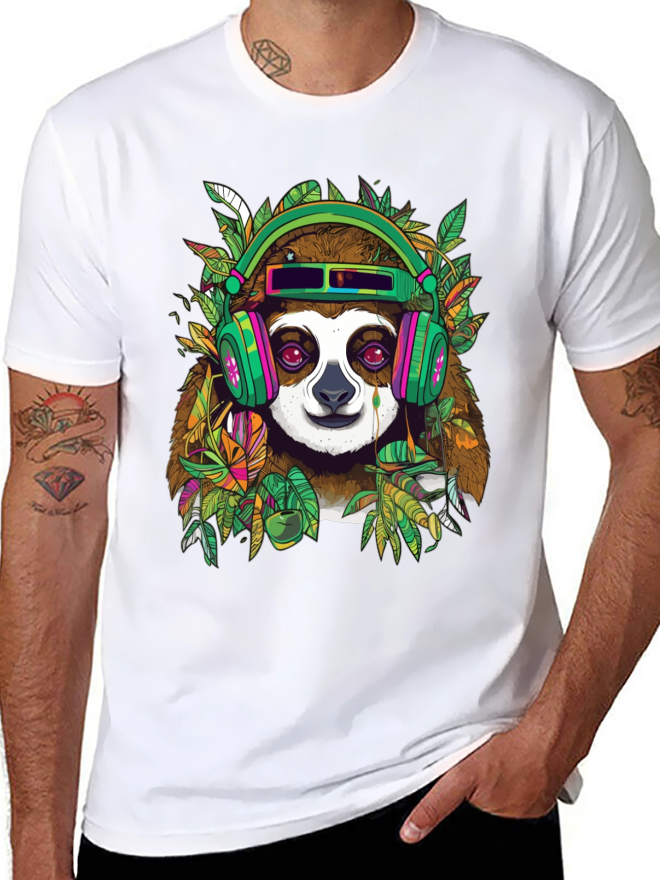 Black Sloth in Headphones Graphic Tee view 8
