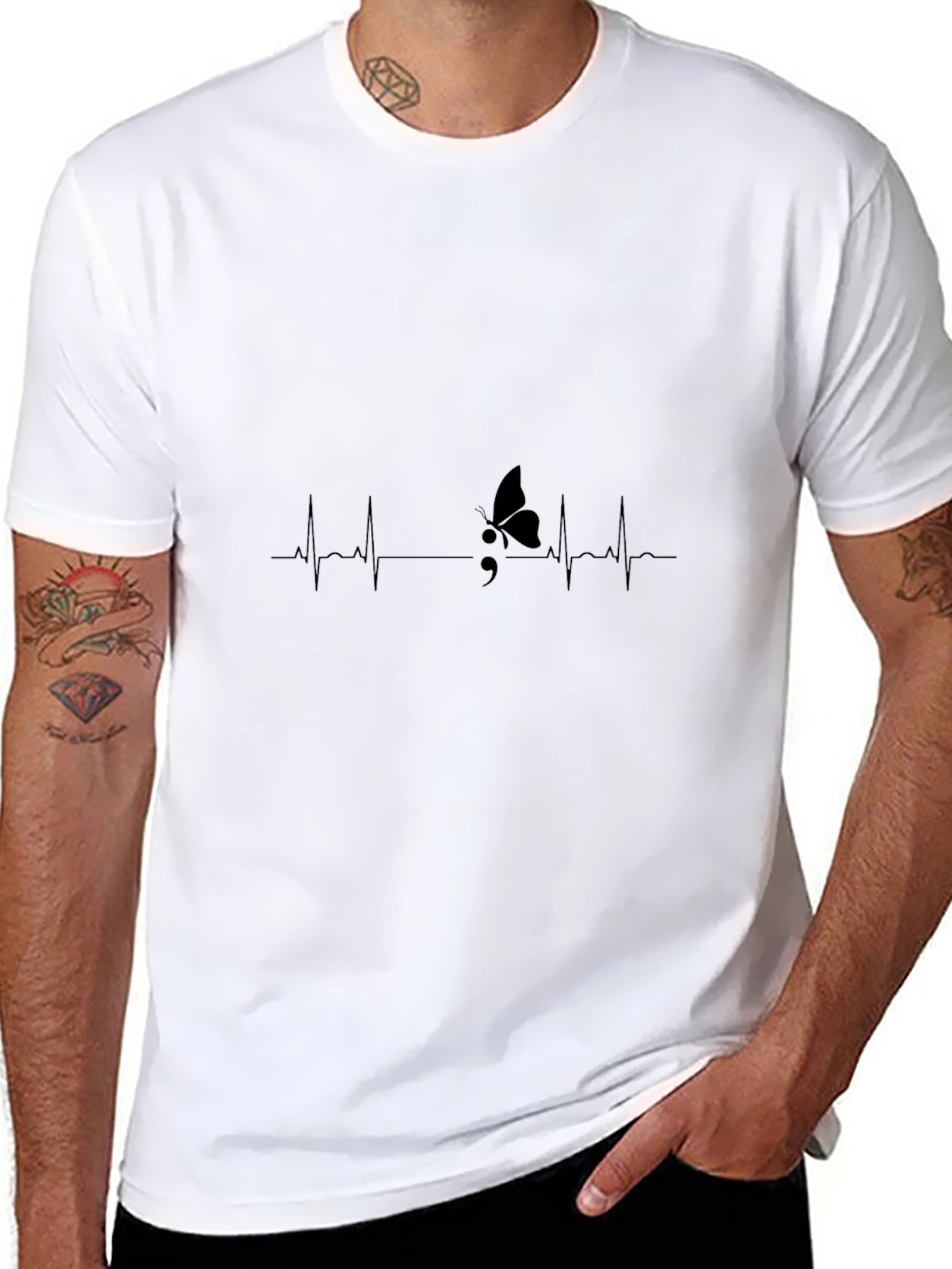 Black Heartbeat Semicolon Butterfly Graphic Tee view 8