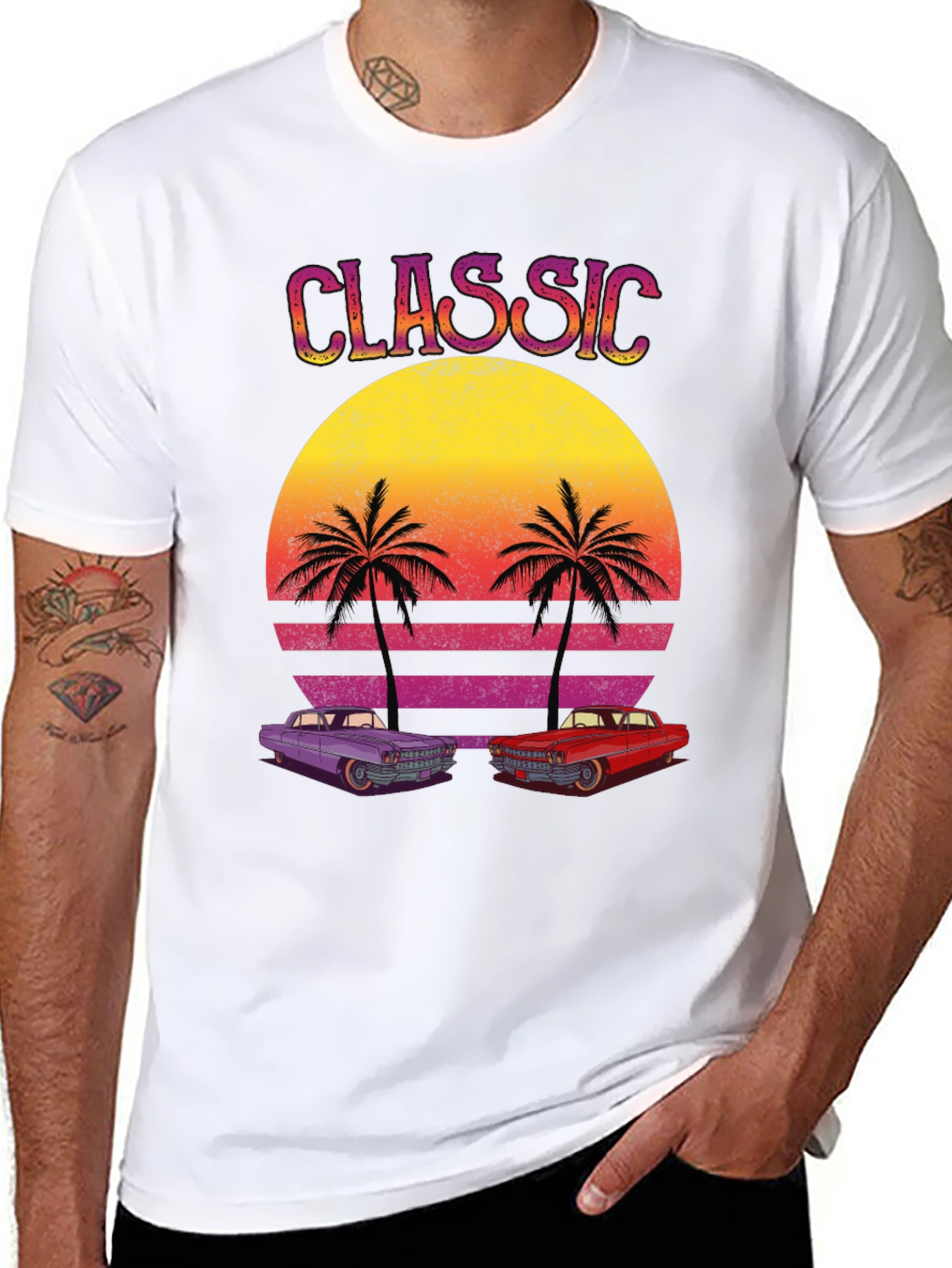 Black Classic Cars Sunset Graphic Tee view 8
