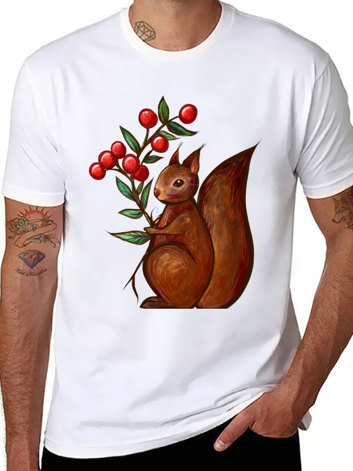 Black Squirrel & Berries Graphic Tee - Stylish Men's T-Shirt view 8