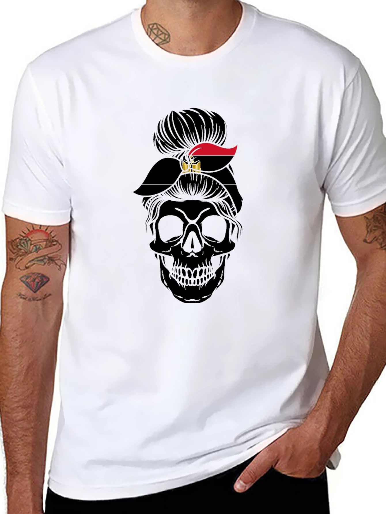 Black Skull Messy Bun Egypt Flag T-Shirt view 8