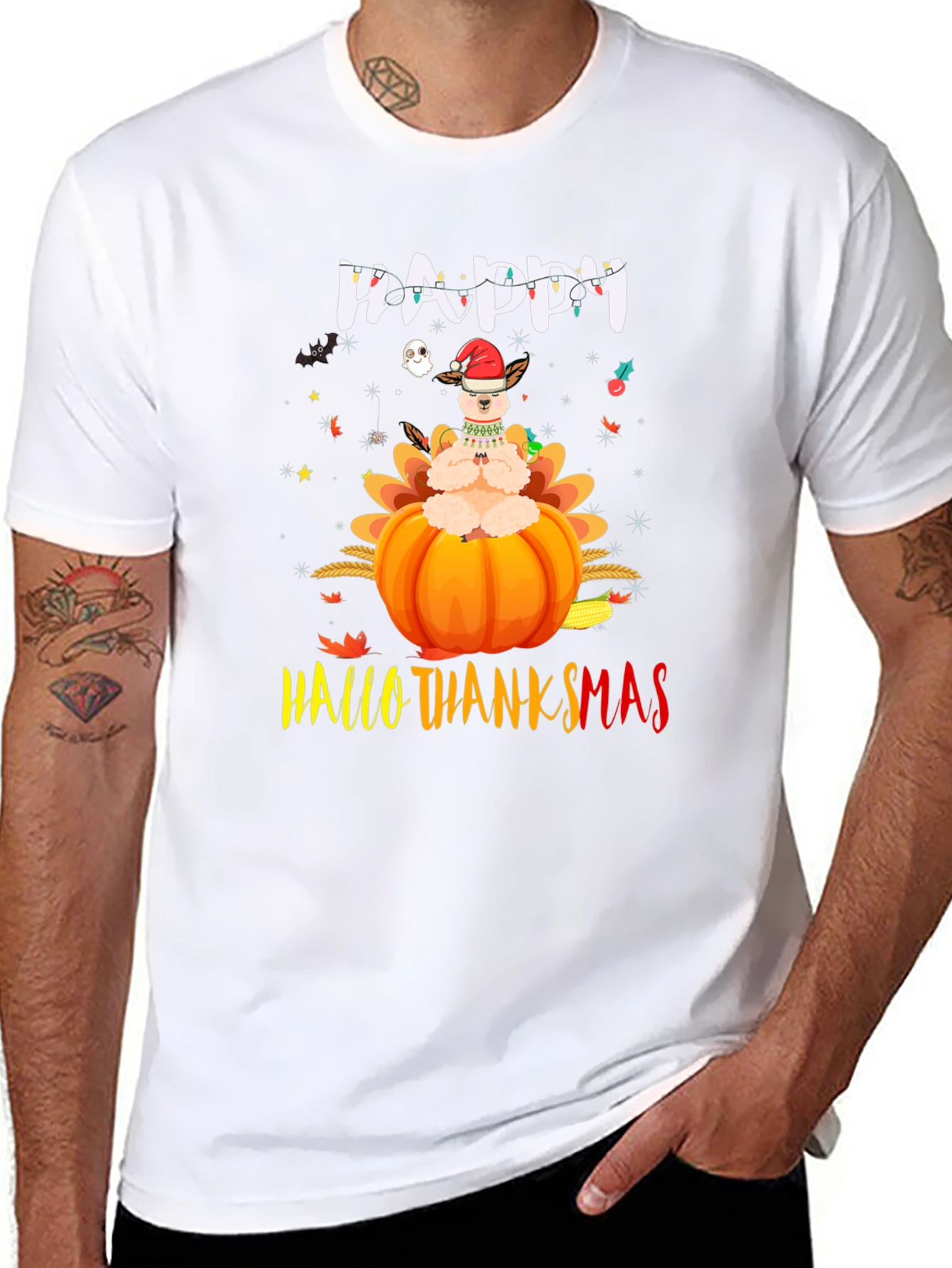 Black Happy HalloThanksmas Llama T-Shirt view 8