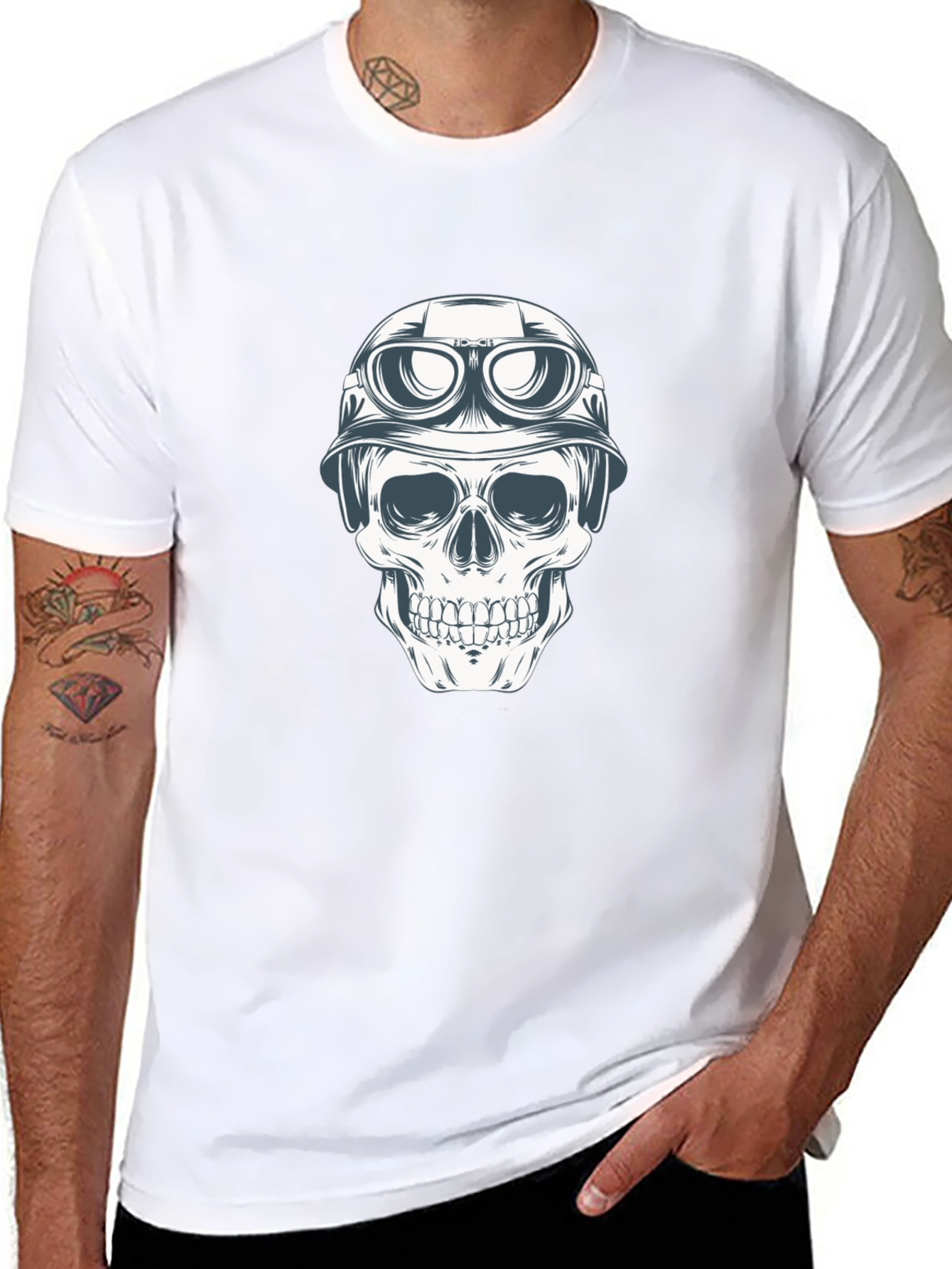 Black Skull in Helmet Graphic Tee - Black Cotton T-Shirt view 8
