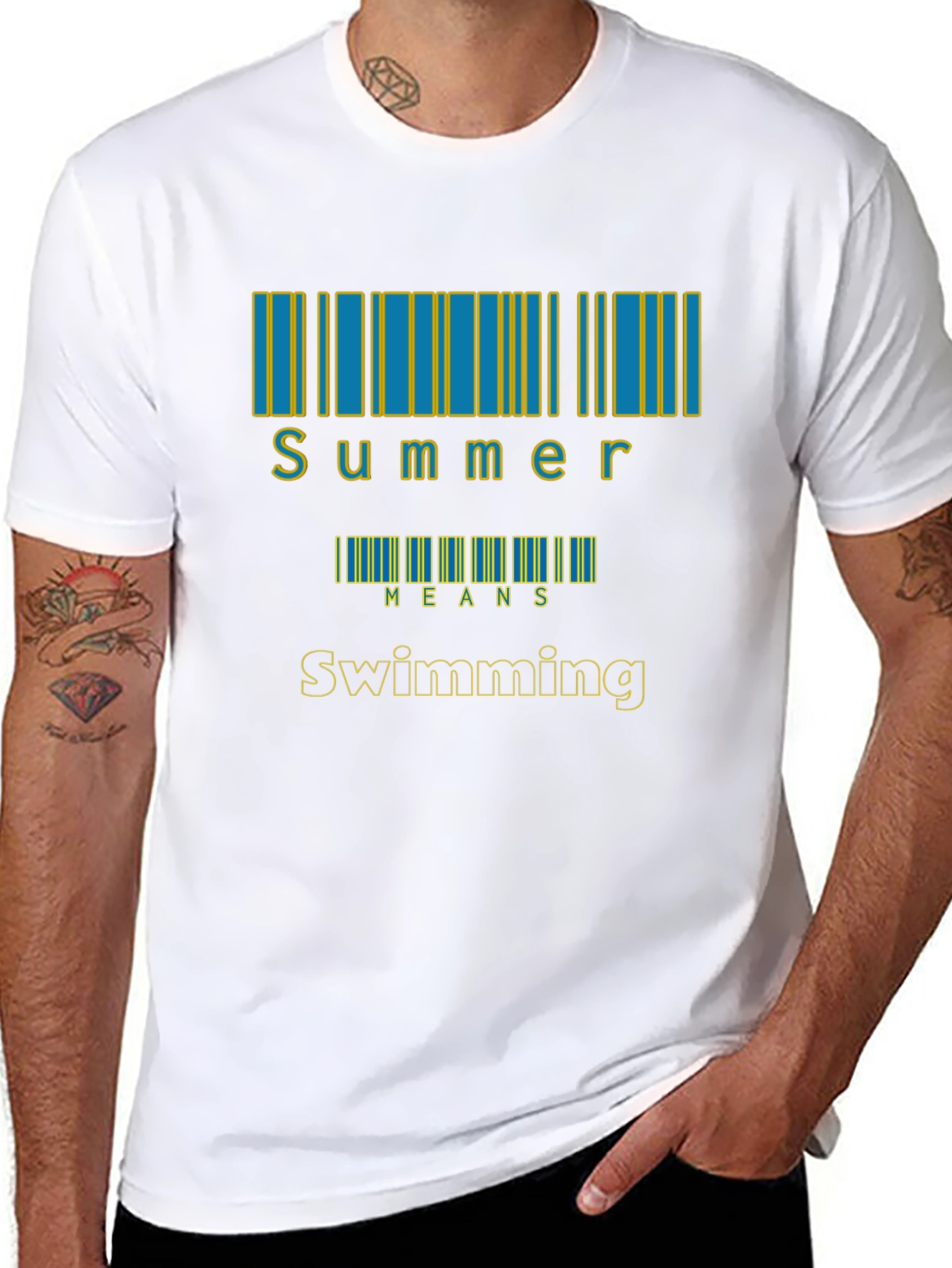 Black Summer Swimming T-Shirt, Barcode Design view 8