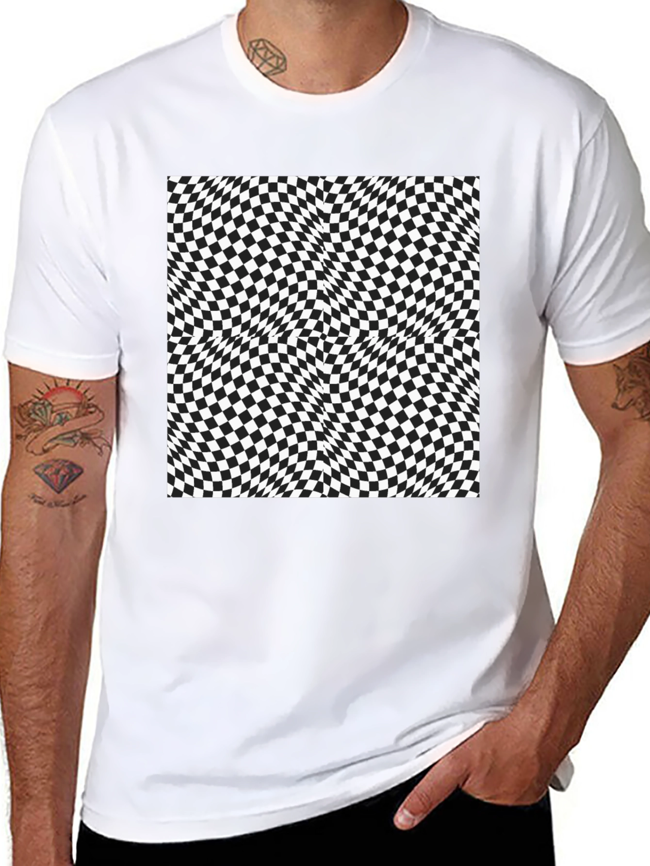 Black Optical Illusion Checkerboard Tee view 8