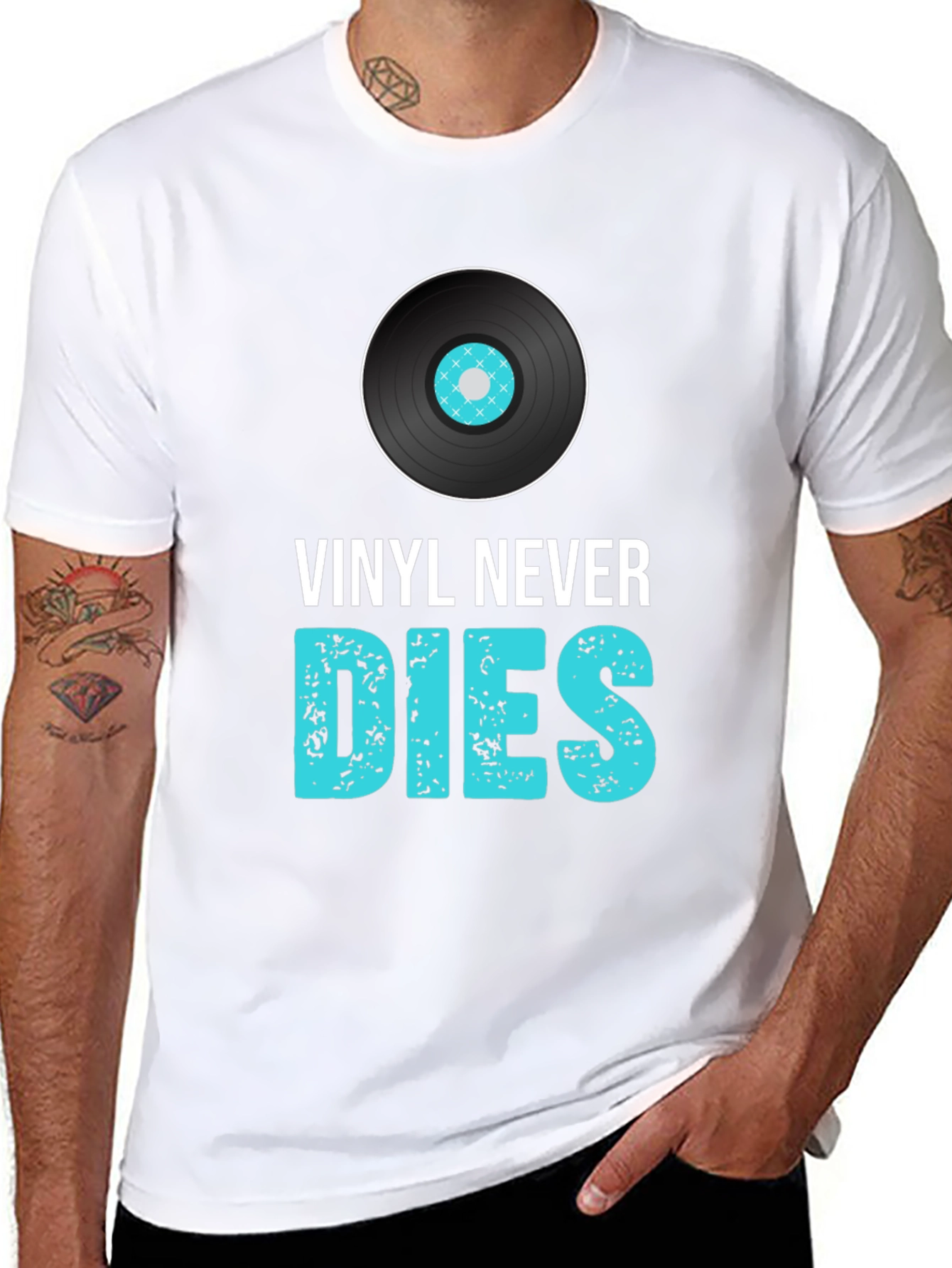 Black Vinyl Never Dies Graphic Tee - Music Lover T-Shirt view 8