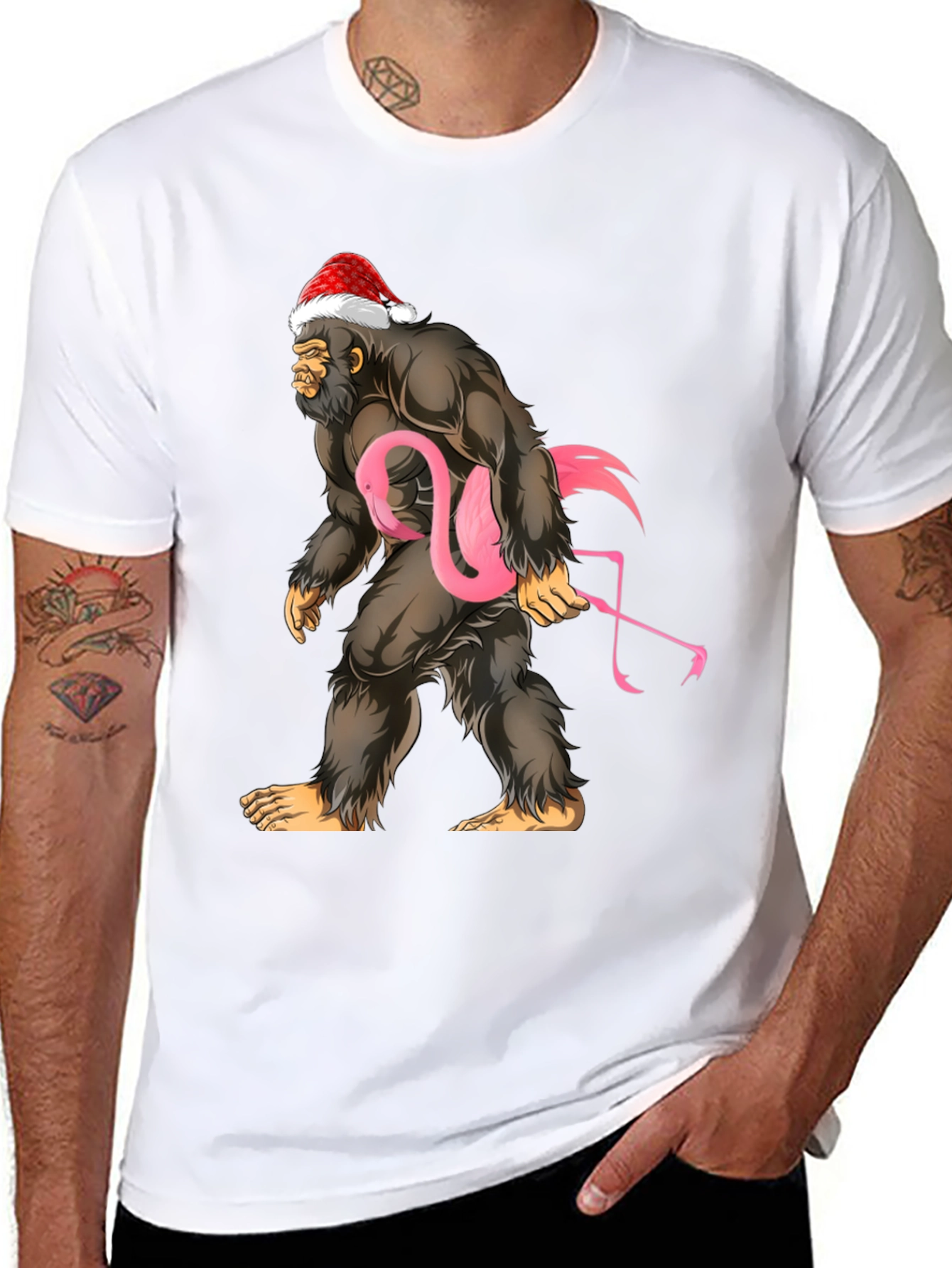 Black Bigfoot Santa Flamingo T-Shirt view 8
