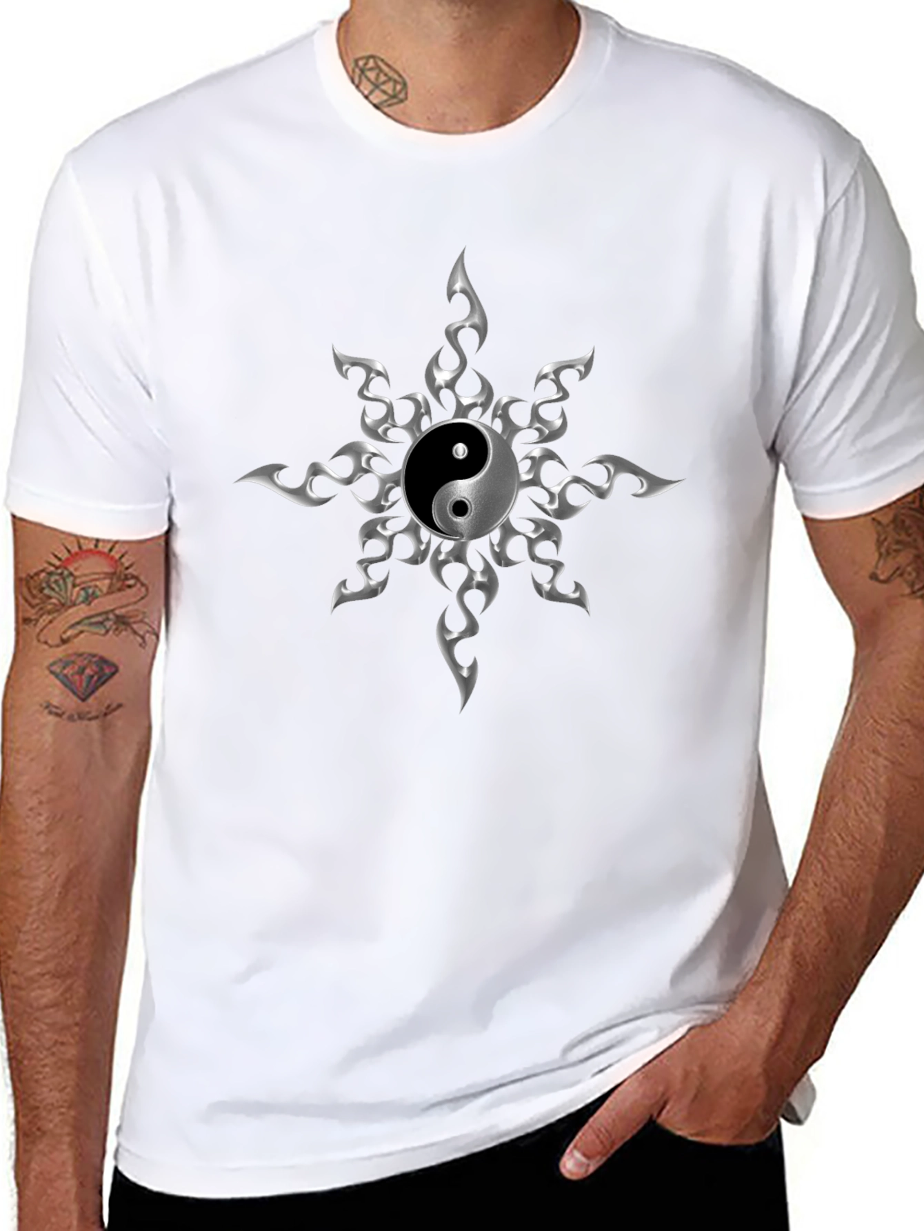 Black Yin Yang Flame Graphic T-Shirt view 8
