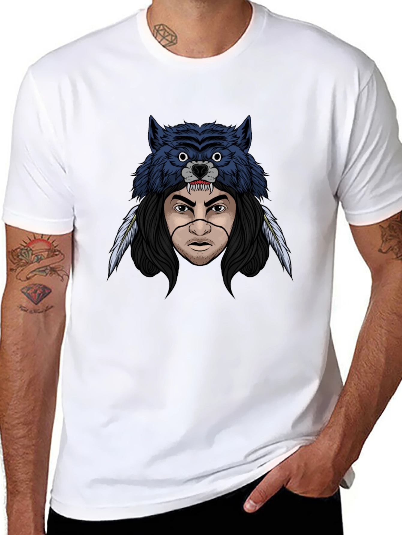 Black Wolf Headdress Graphic T-Shirt - Men's Black Tee view 8