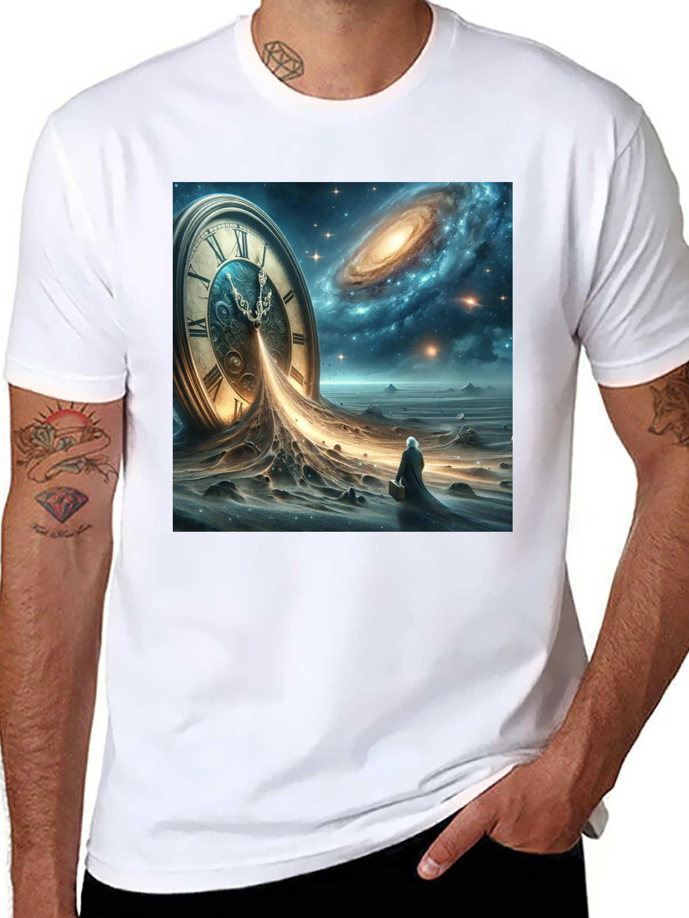 Black Time and Space Tee: Surreal Galaxy Clock Design view 8