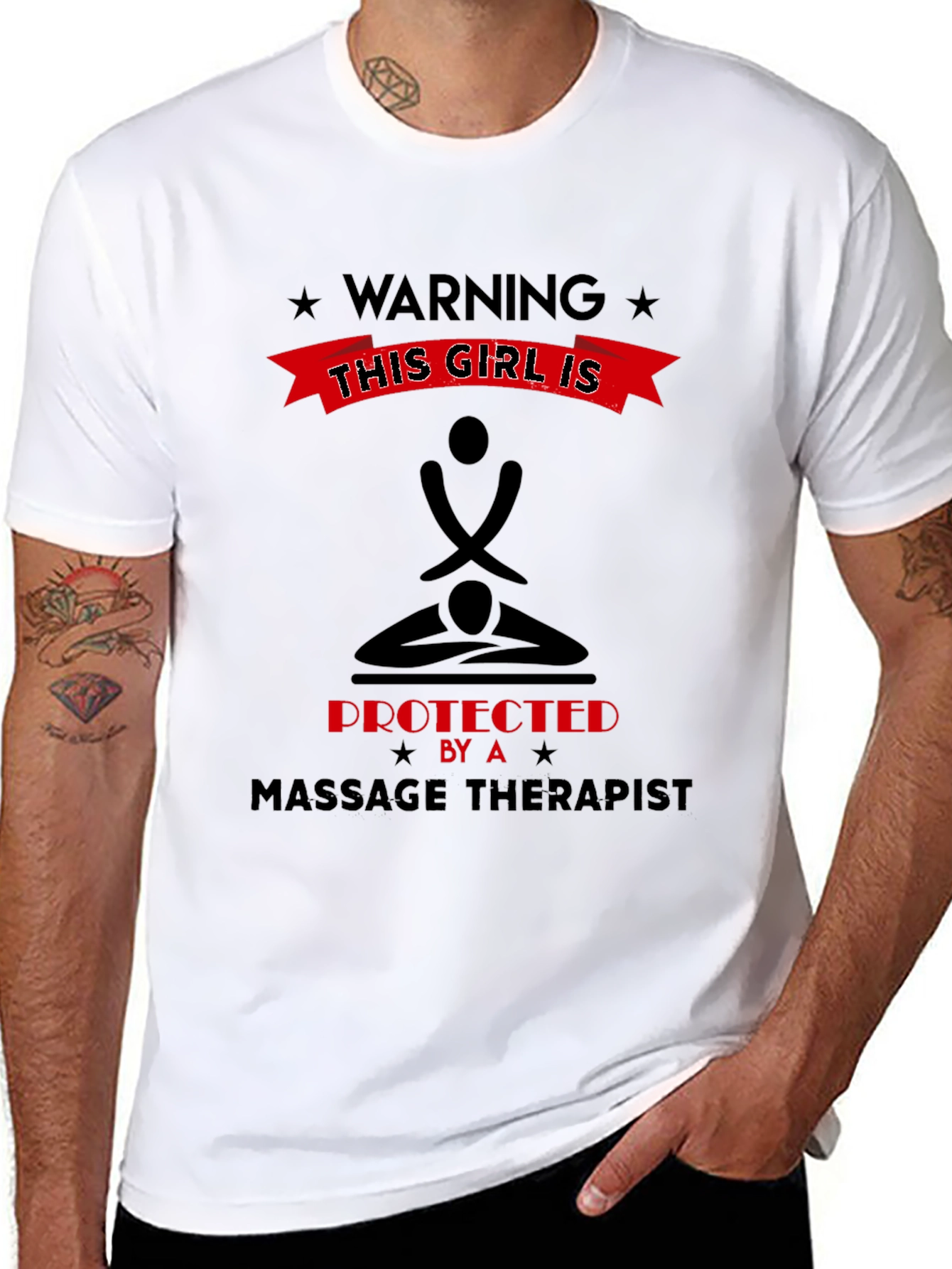 Black Warning Protected By Massage Therapist Graphic Tee view 8