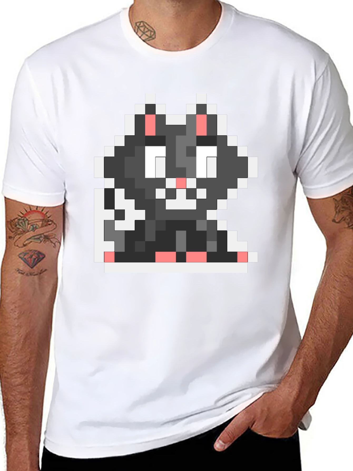 Black Pixel Cat Black T-Shirt view 8