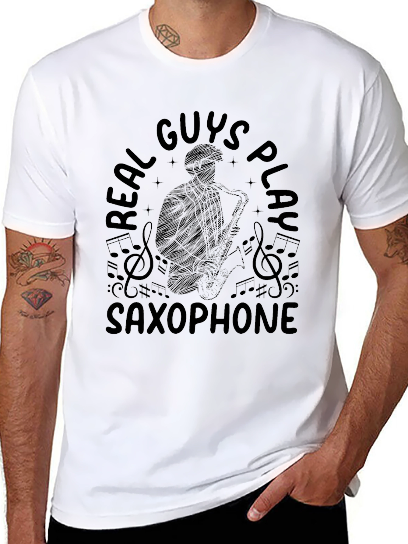 Black Real Guys Play Saxophone Black Graphic T-Shirt view 8