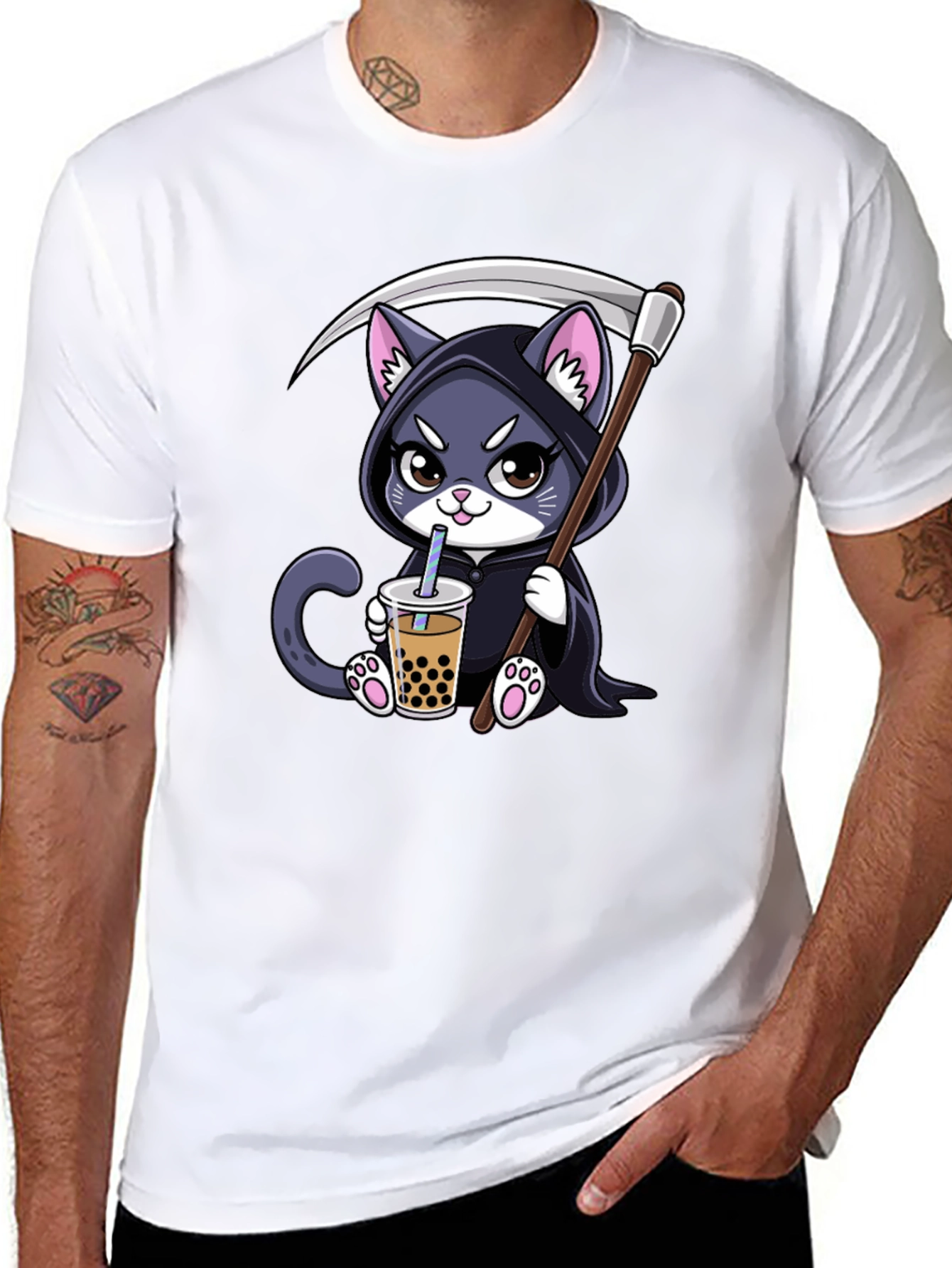 Black Grim Reaper Kitty Boba Tea T-Shirt view 8
