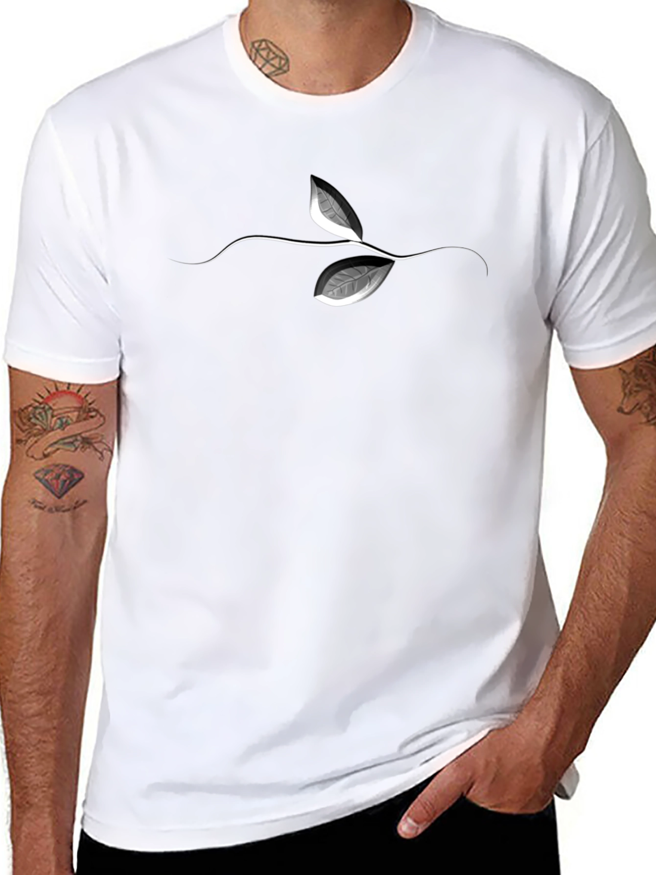 Black Men's Black T-Shirt with Leaf Graphic view 8