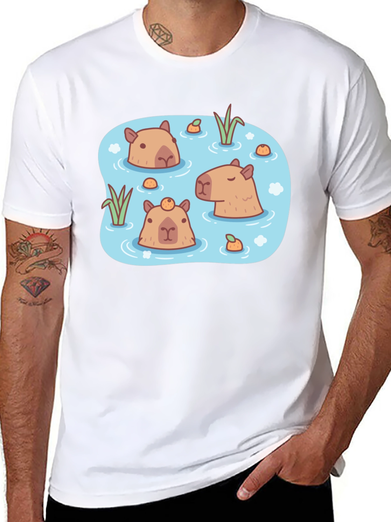 Black Capybara Pond T-Shirt - Relaxed Aquatic Design view 8