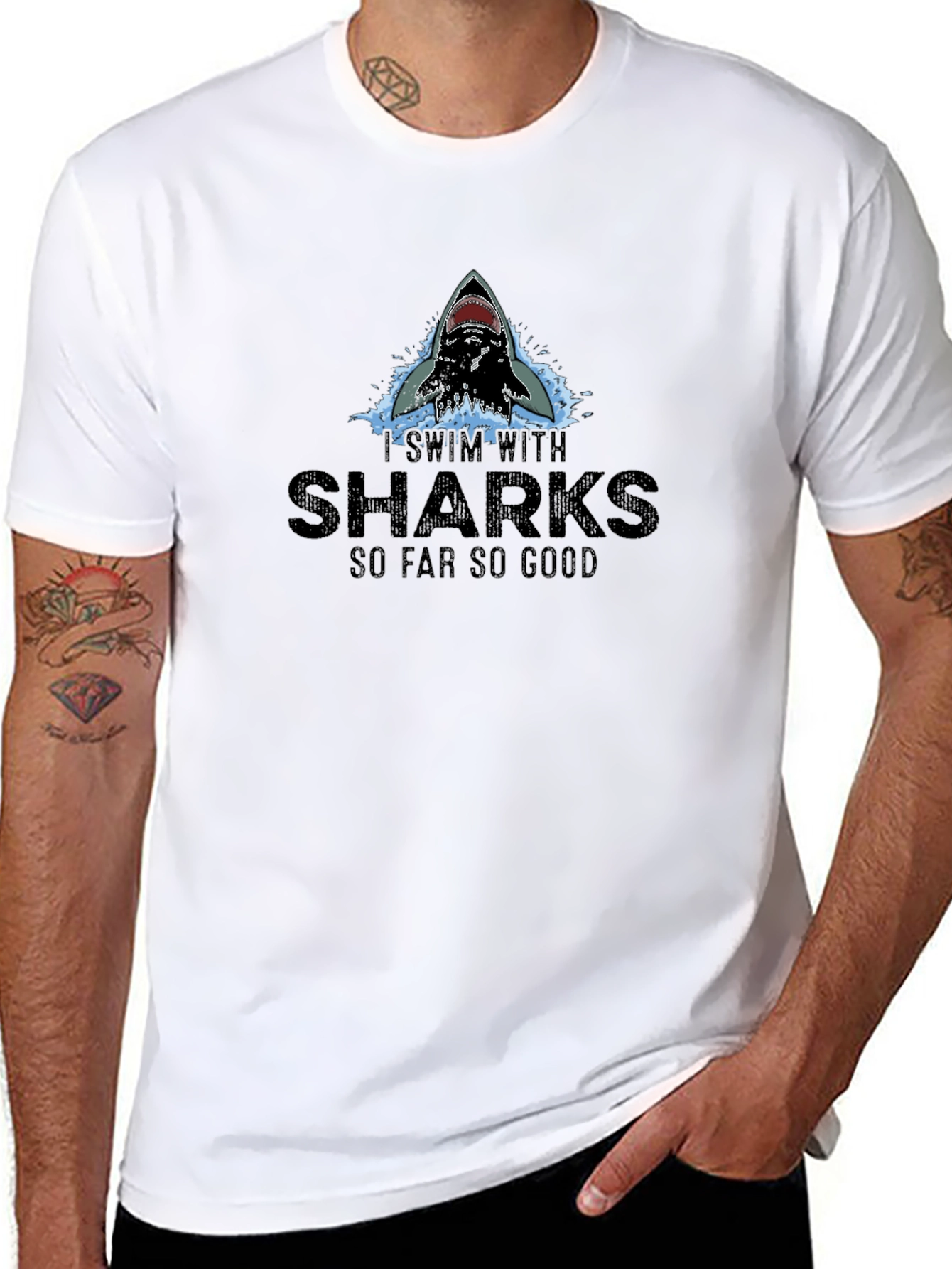 Black I Swim With Sharks Funny Graphic T-Shirt view 8