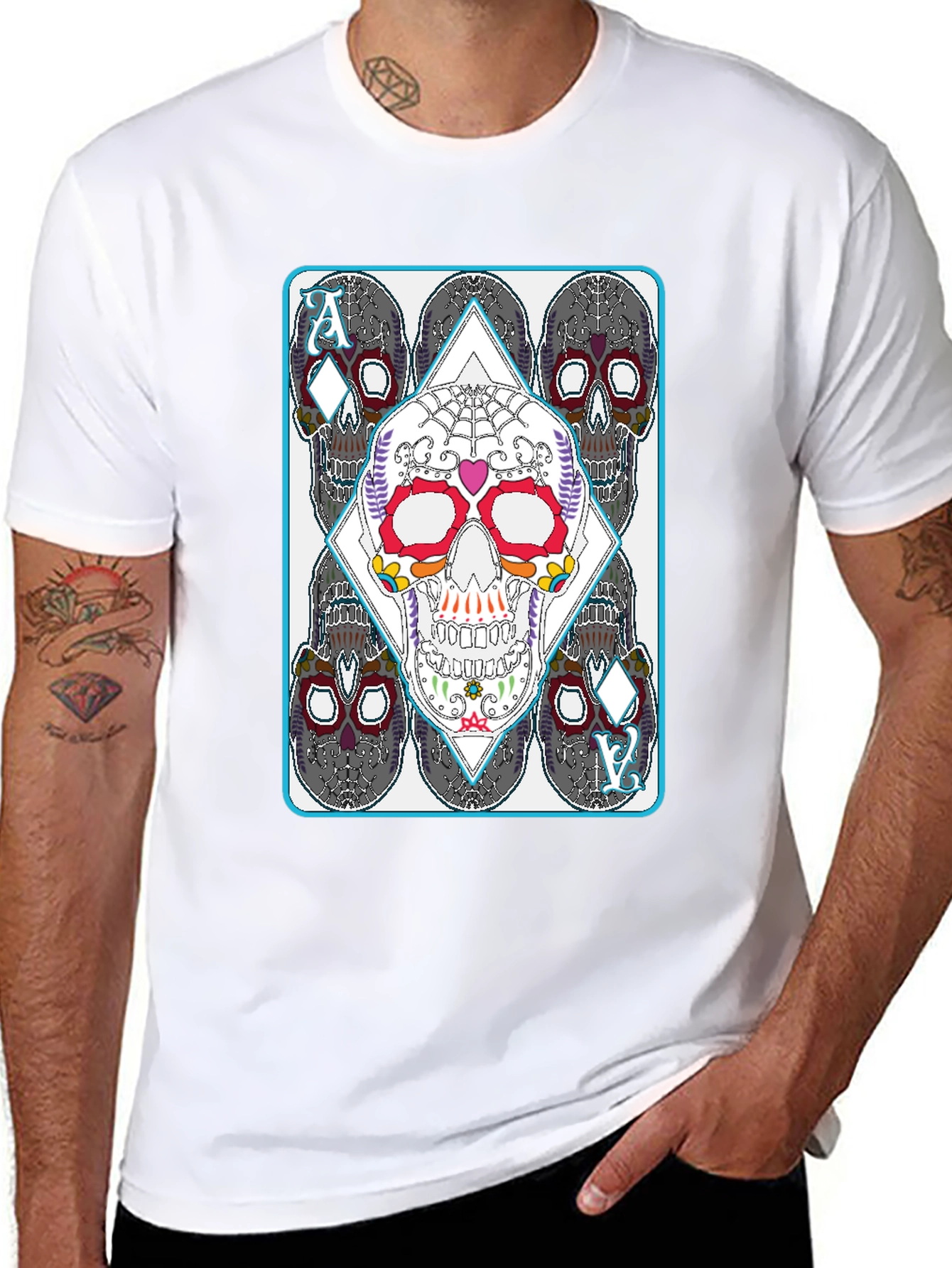 Black Sugar Skull Ace of Diamonds Graphic T-Shirt view 8
