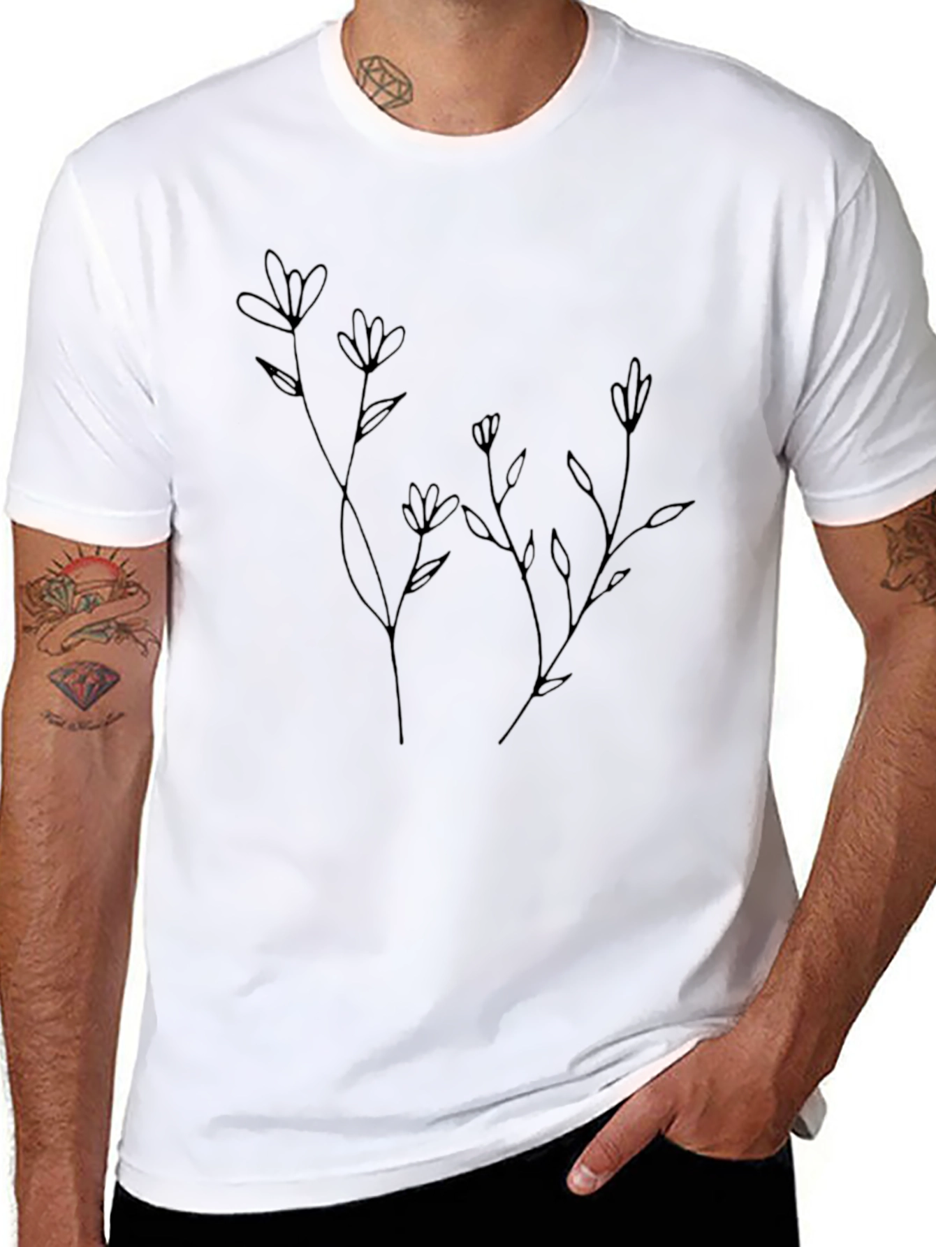 Black Minimalist Flower Line Art Black T-Shirt view 8