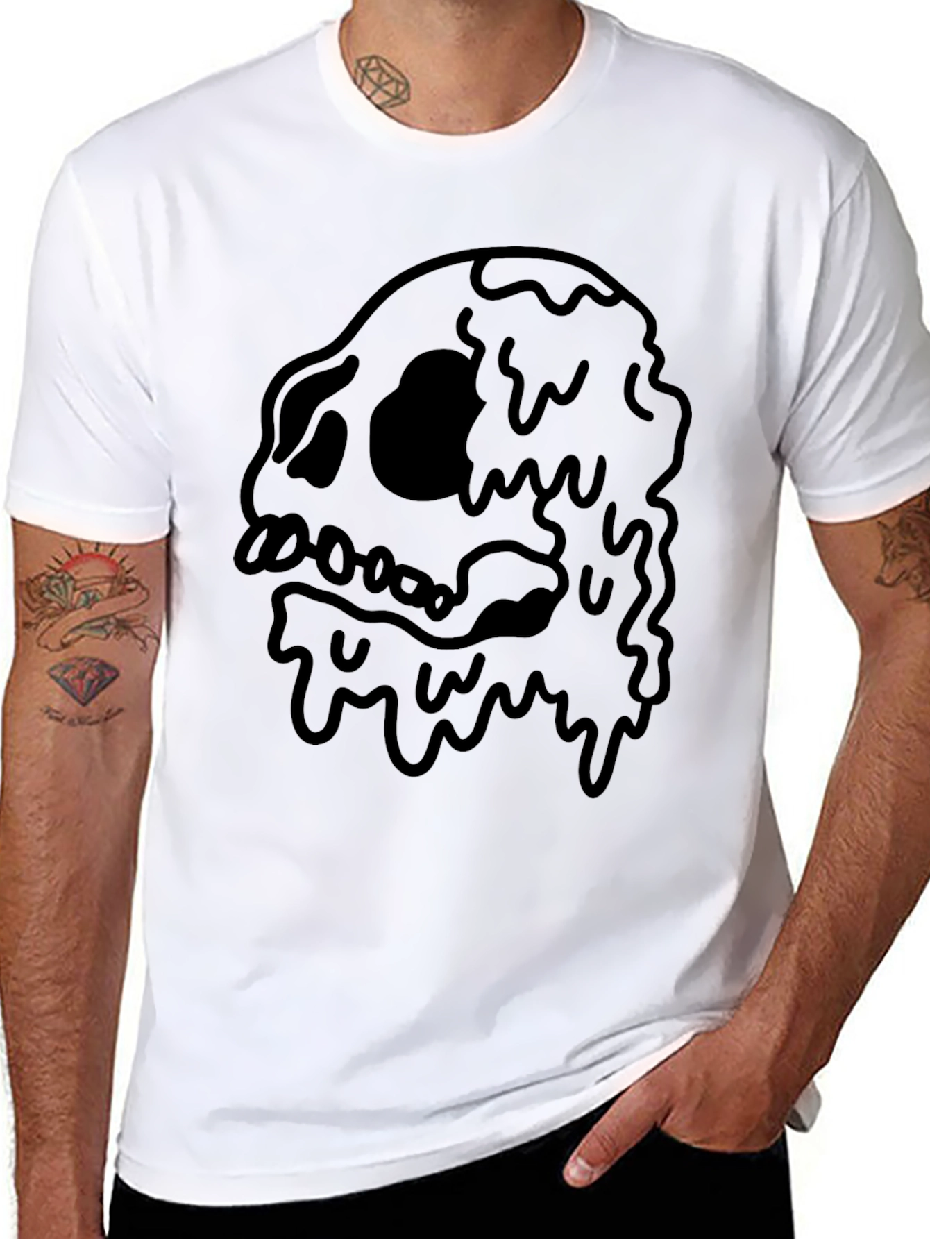 Black Men's Black T-Shirt with Dripping Skull Graphic view 8