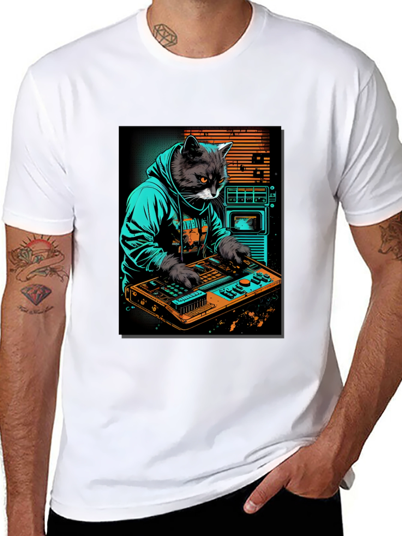 Black Cat DJ Graphic Tee - Cool Black T-Shirt view 8