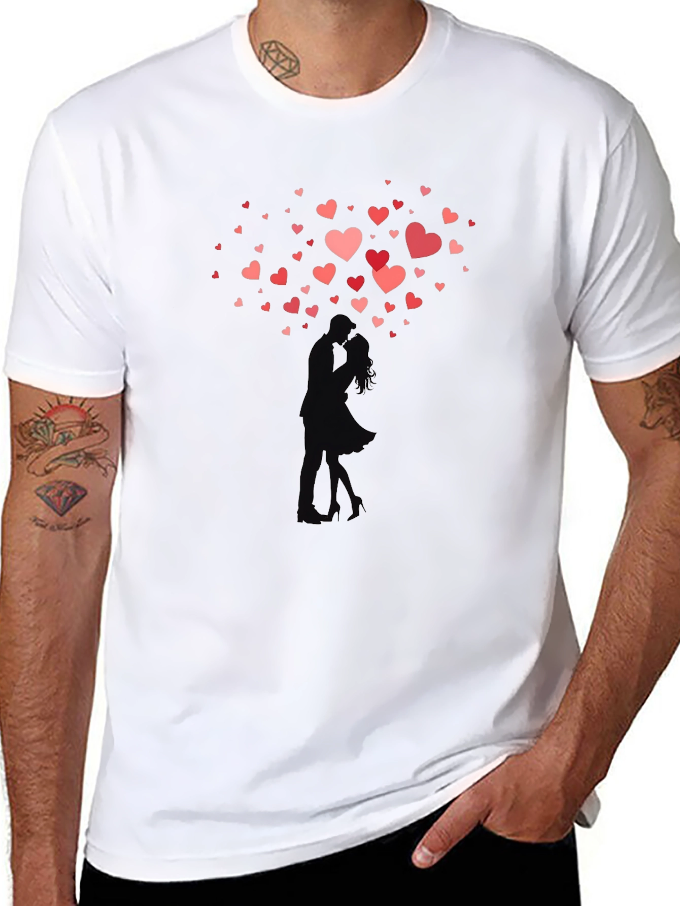 Black Romantic Hearts Kissing Couple Black T-Shirt view 8