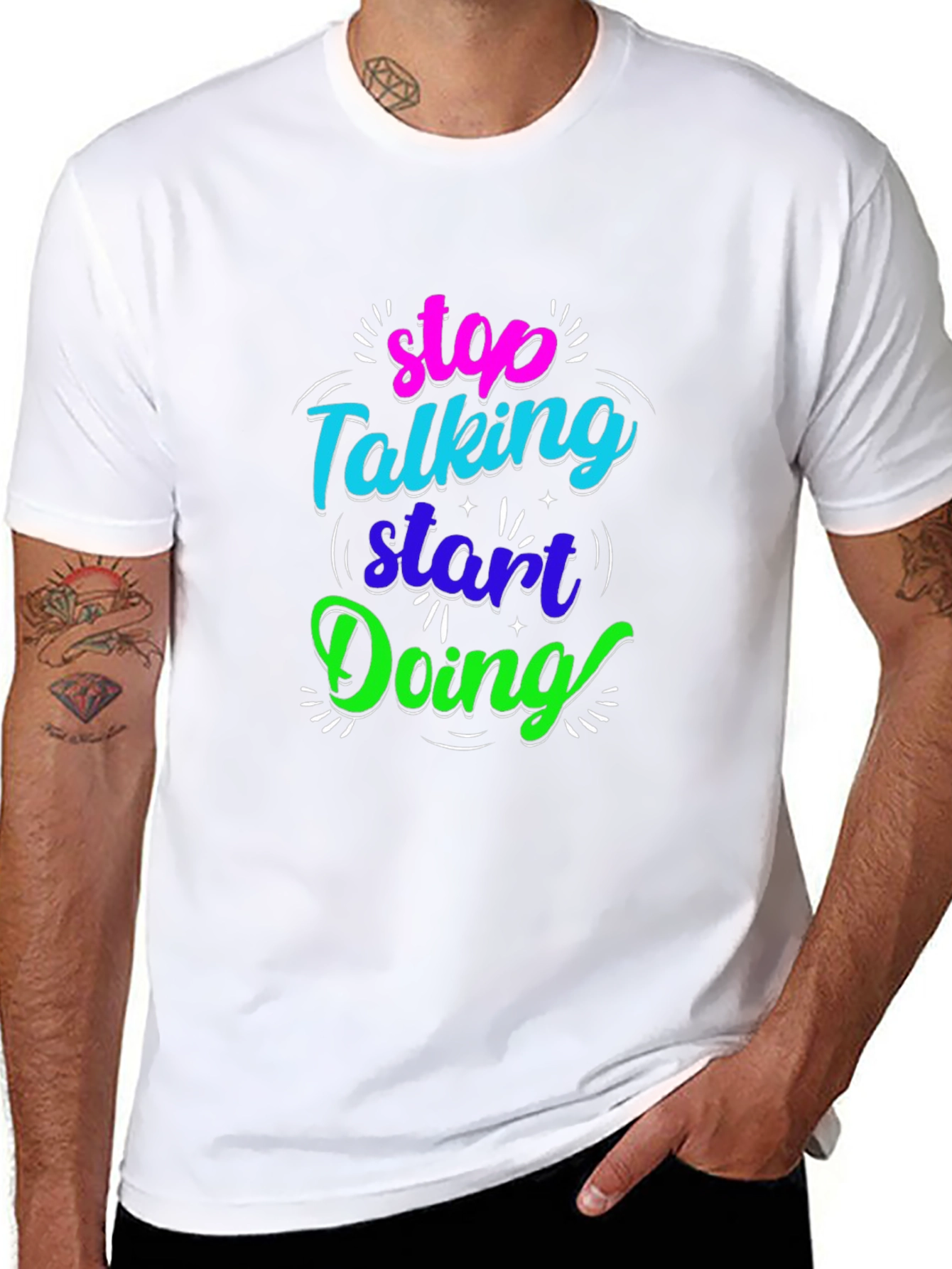 Black Stop Talking Start Doing Black Graphic Tee view 8