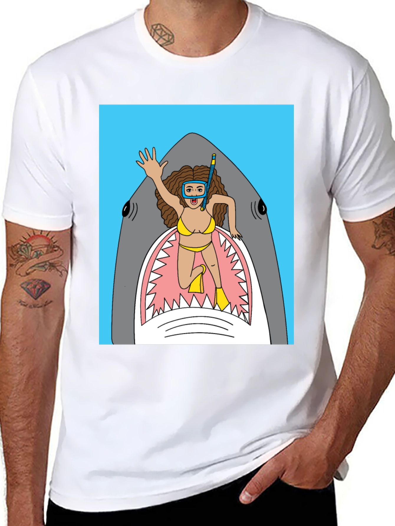 Black Shark Diver Graphic Tee - Funny Cartoon T-Shirt view 8