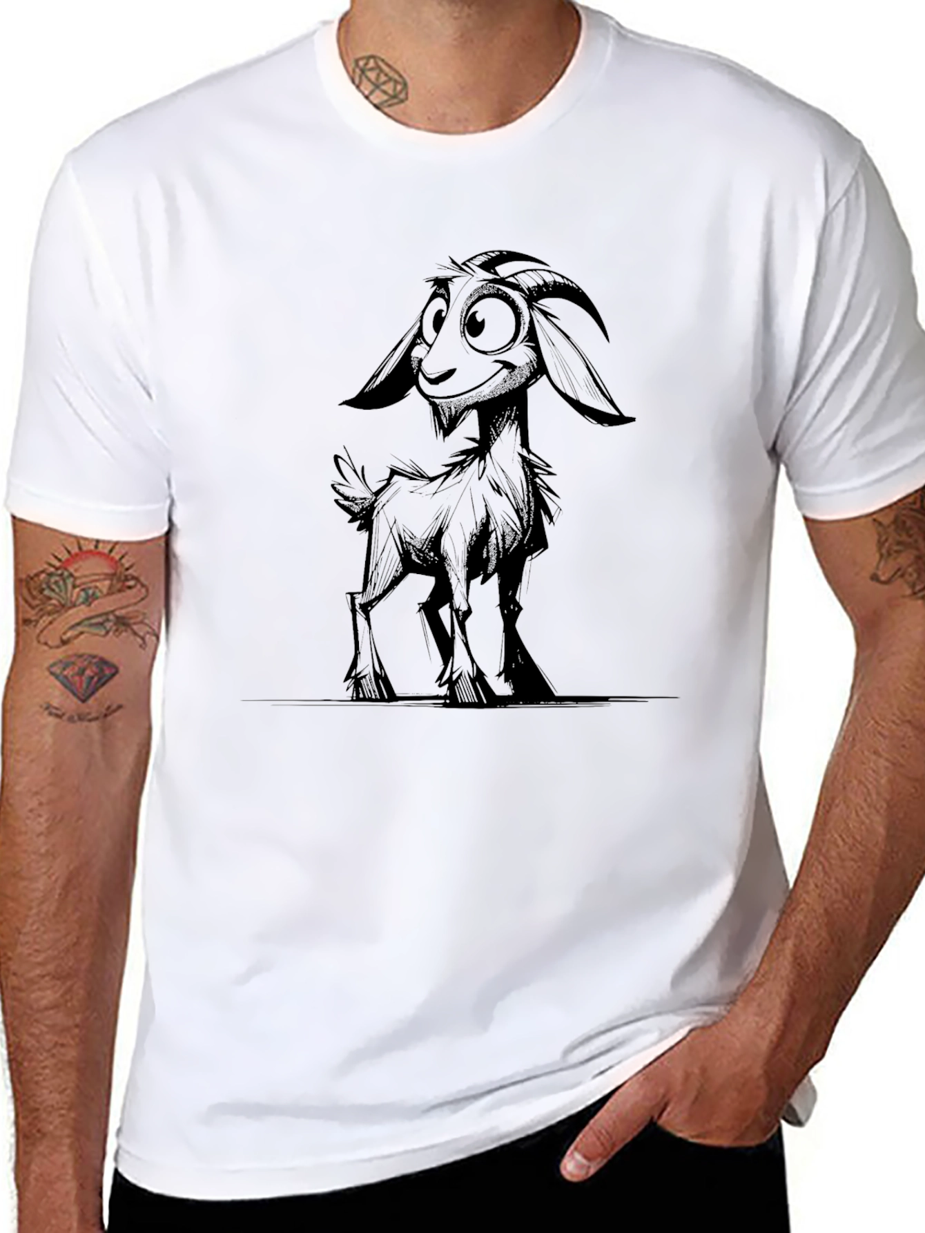 Black Cartoon Goat Graphic Tee - Black Cotton Blend view 8