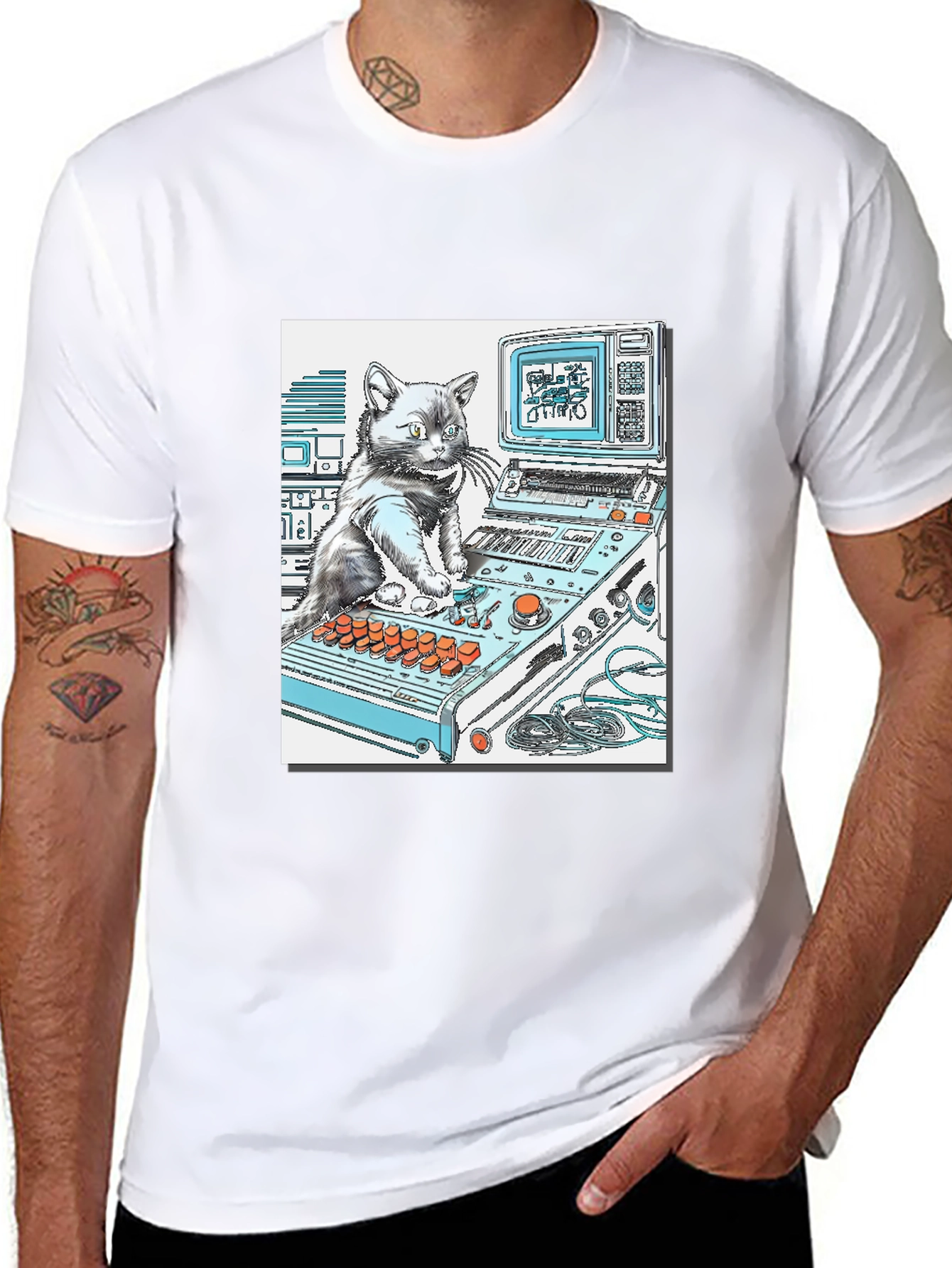 Black DJ Cat Graphic T-Shirt - Cool Black Tee view 8